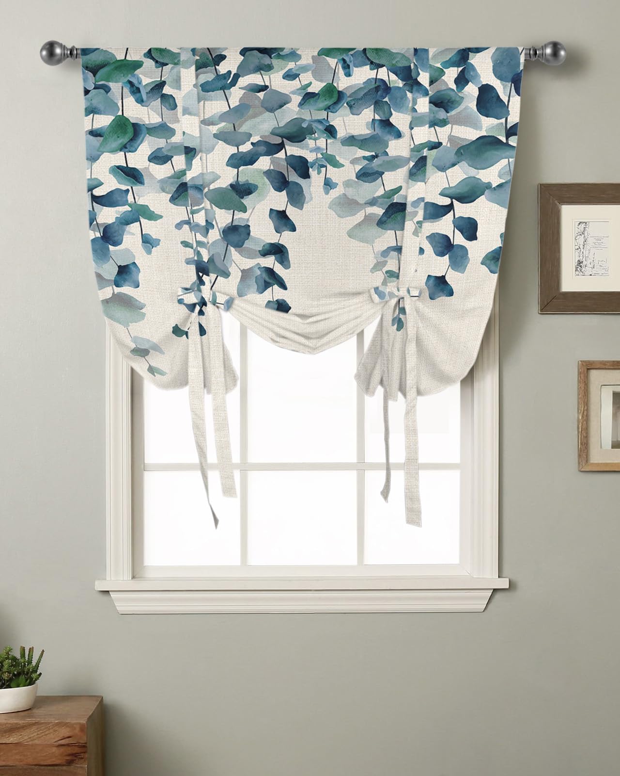 Yukro Tie Up Curtains Window Shades, Plants Green Leaves Watercolor Style Linen Texture Rod Pocket Tie Up Window Shade, Adjustable Balloon Curtain Shade for Blinds Kitchen Bathroom, 1 Panel, 34