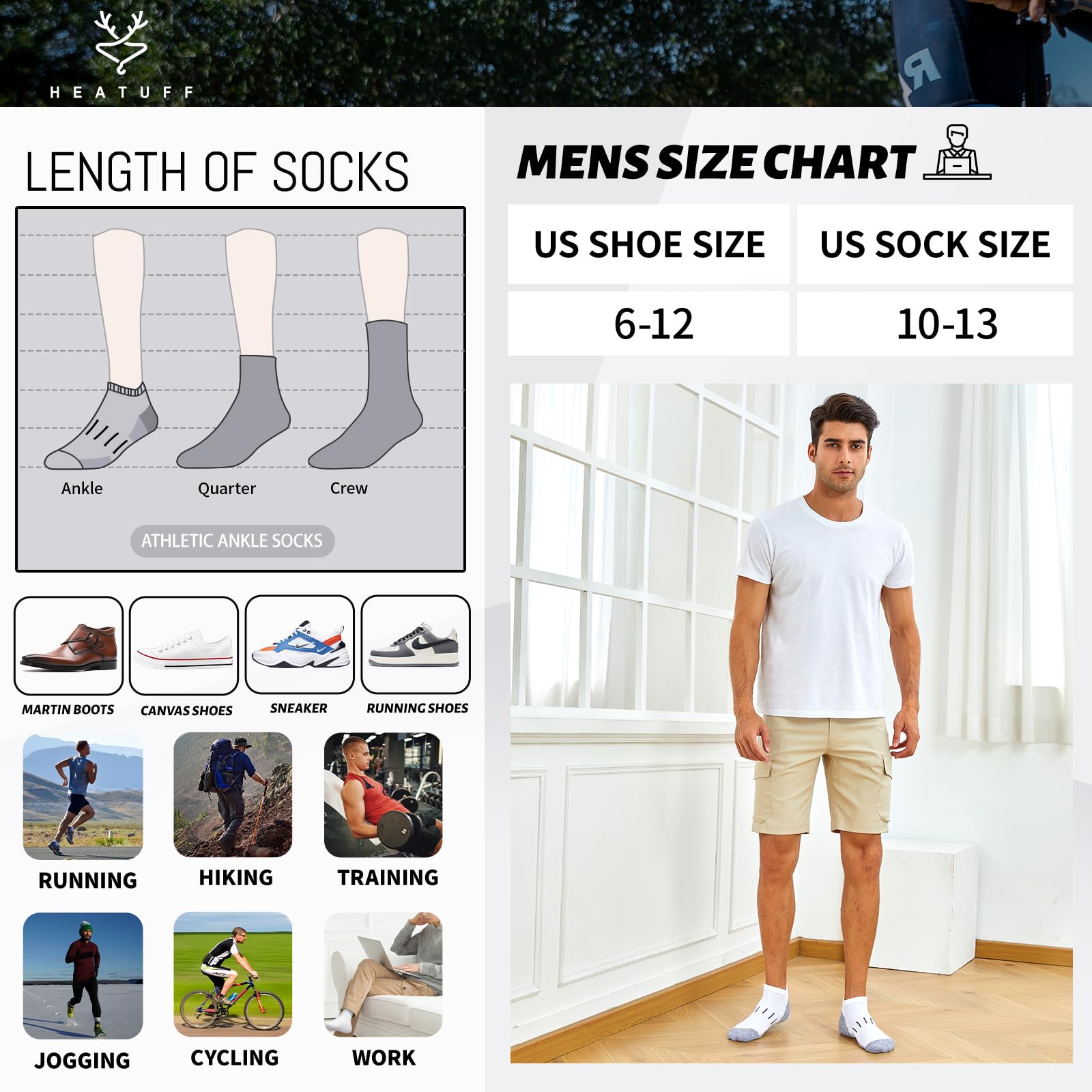 Heatuff Calcetines deportivos de tobillo para hombre, absorben la humedad, calcetines deportivos para correr de corte bajo (8 pares)