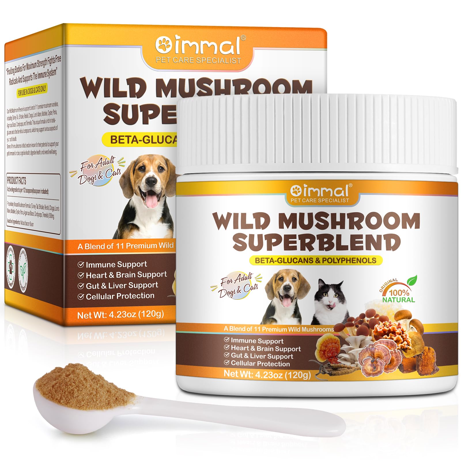 Polvo de Hongos para el Apoyo Inmunológico de Perros y Gatos - Complejo Orgánico de Hongos para la Inmunidad y Cognición, con 11 Extractos Orgánicos de Hongos, 120g