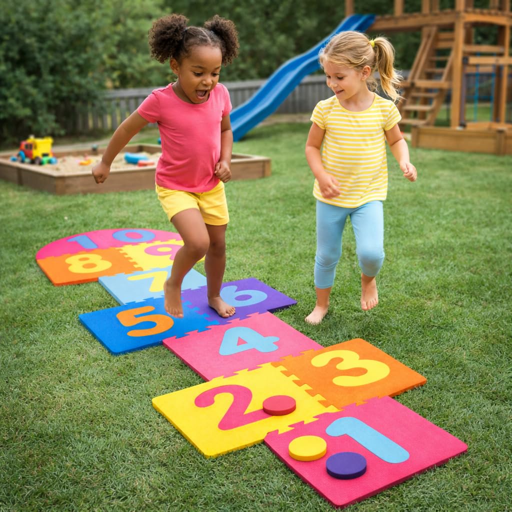 Jeu de marelle pour enfants – Tapis géant en mousse EVA – Ensemble de jeu de jardin intérieur et extérieur – 10 carreaux de chiffres emboîtables avec 4 palets – Jeu de fête familial rembourré doux