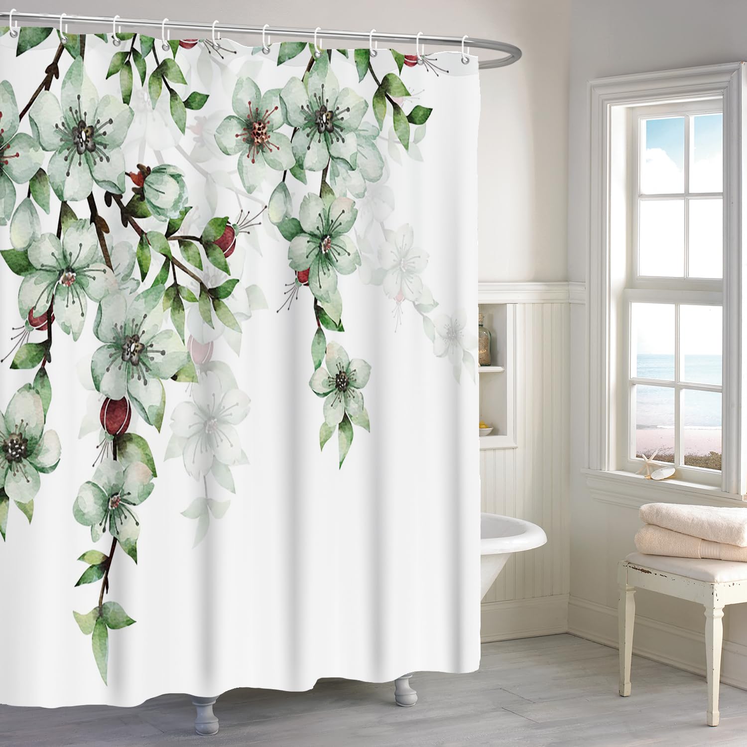 Tenda Da Doccia Con Stampa Floreale Fiori Bianchi, Tessuto In Poliestere Impermeabile, 180x180 Cm. Set Con 12 Ganci In Plastica. Decorazione Per Bagno.
