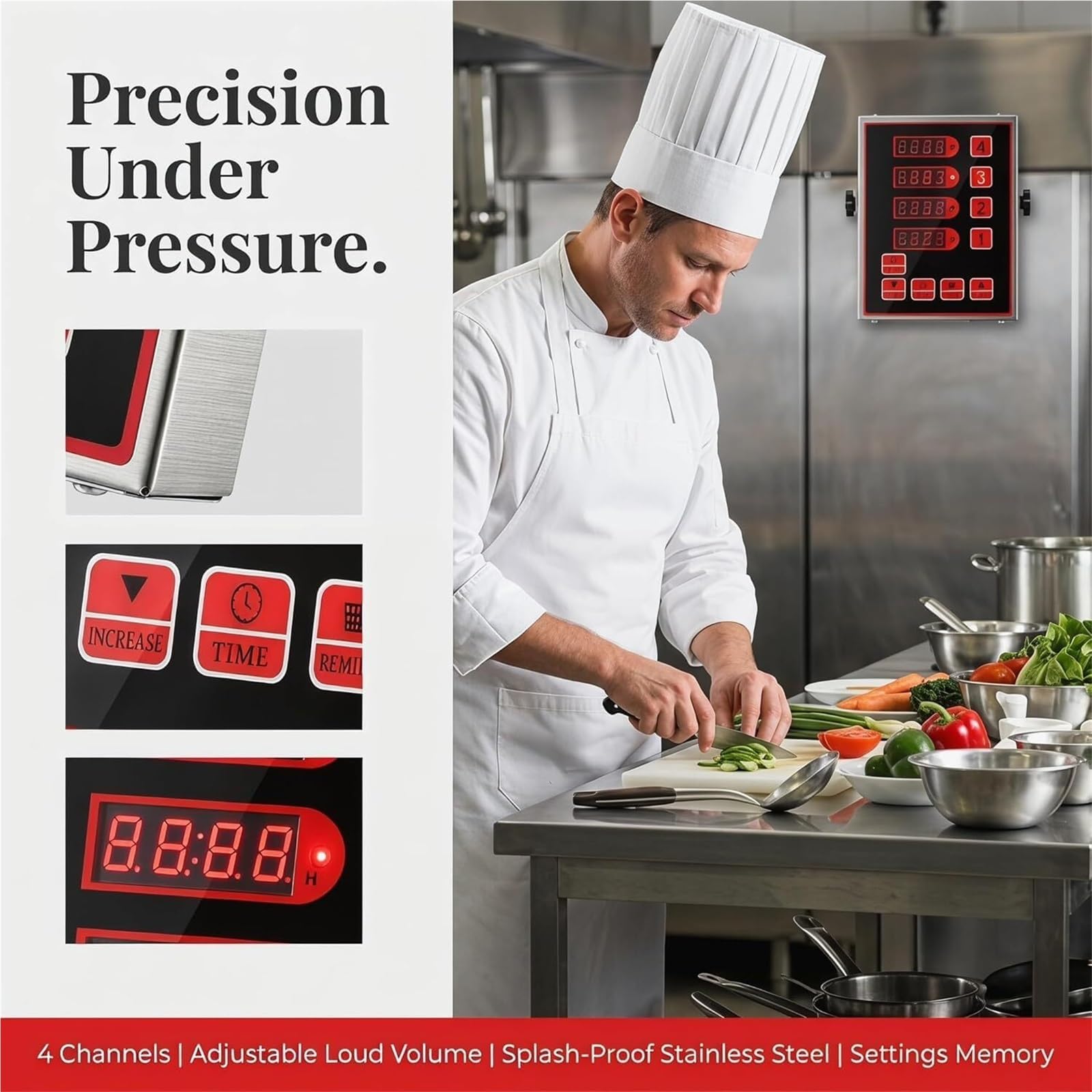 Küchentimer, 4-Kanal-Digital mit Alarmerinnerung, dreistufig und einstellbare Lautstärke für/einstellbare Halterung und wasserdicht, for den Heim- und Restaurantgebrauch(Red)