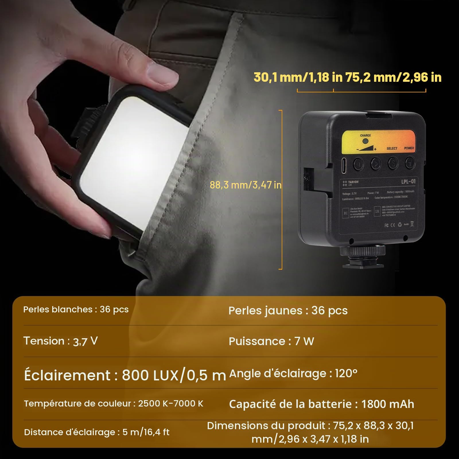 TARION Lampe vidéo LED pour caméra - Mini éclairage de caméra Portable Bicolore sur caméra vidéo à intensité Variable 2500-7000K 1800mAh Lampe de vlogging Rechargeable avec 3 Lampes Froides LPL-01