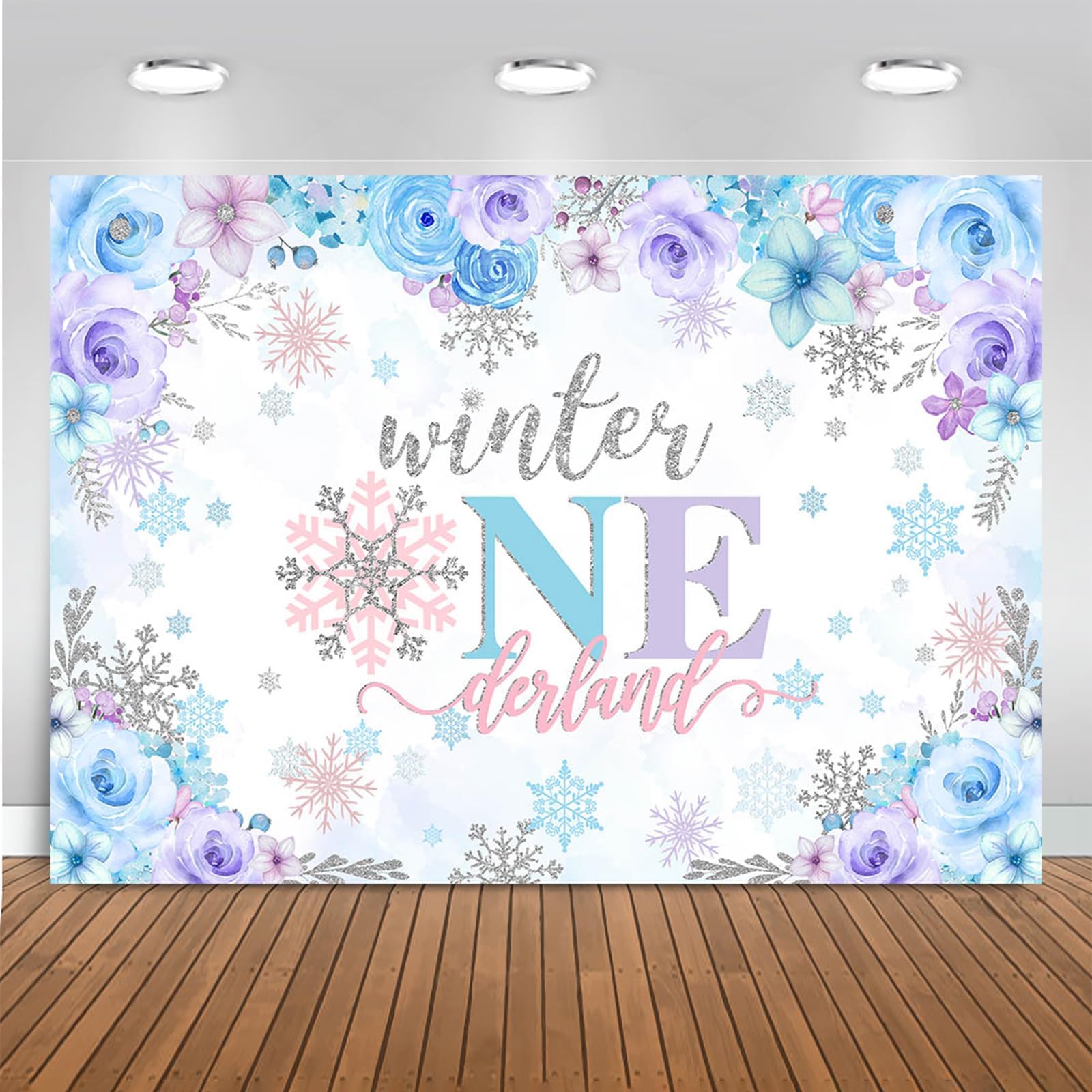 Mocsicka Winter Onederland Backdrop Winter Wonderland Girl Snowflake First Birthday Party Decoration Blue Purple Silver Banner 1st Birthday Banner