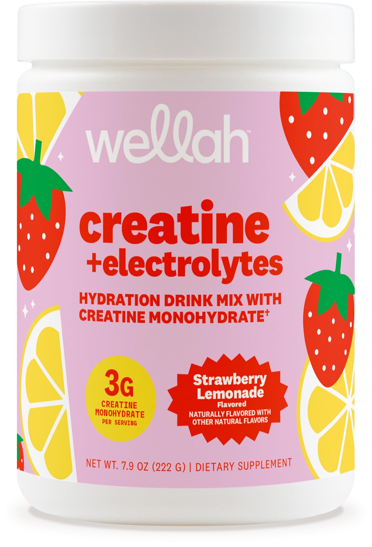 Wellah Creatine + Electrolytes Powder (Strawberry Lemonade) 30 Servings - Hydration Drink Mix with 3g of Creatine Monohydrate