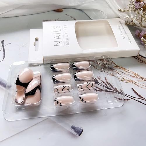 Miniatura 4 de Uñas postizas a presión de punta francesa negra, uñas postizas cuadradas medianas, uñas acrílicas color rosa nude, cobertura completa, uñas