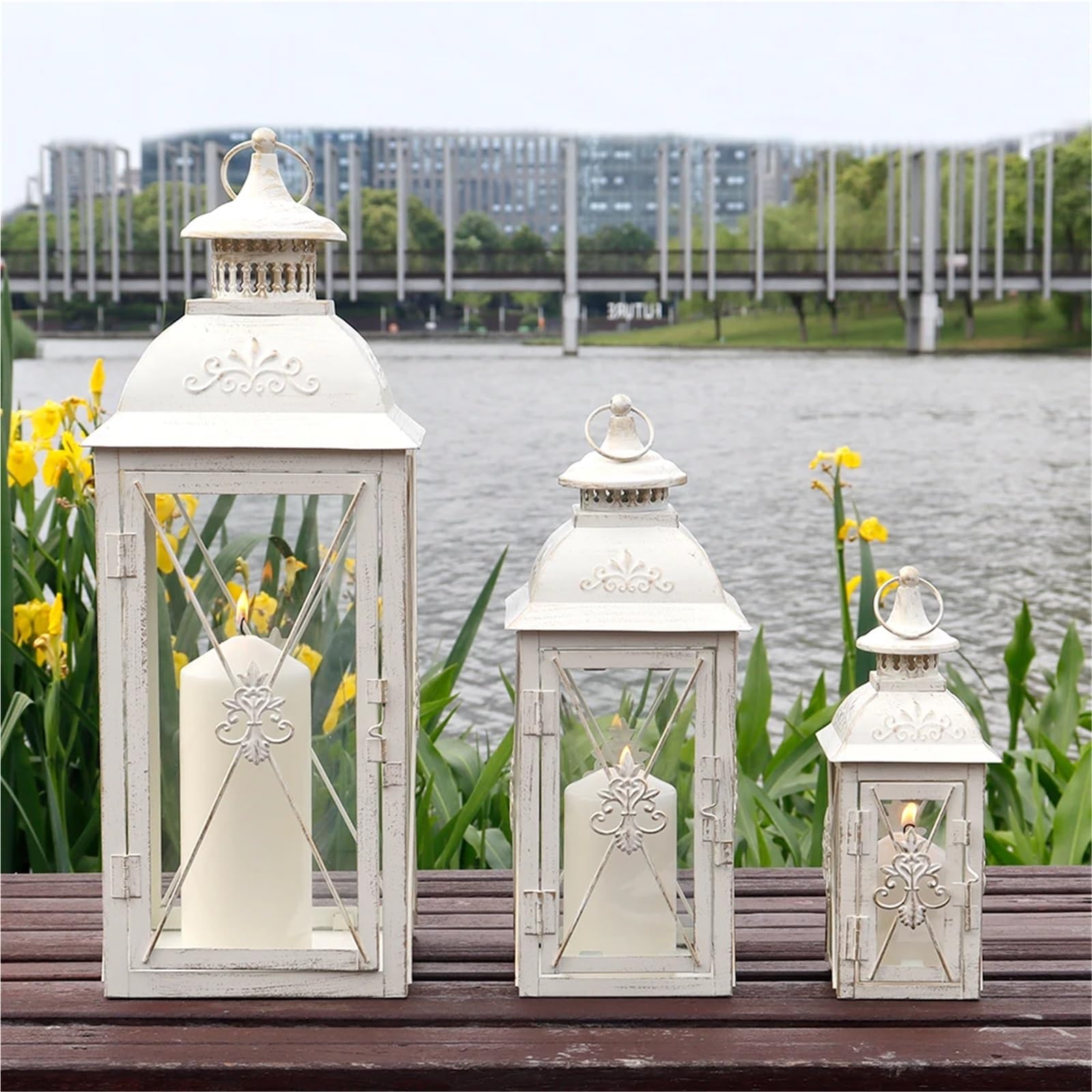 Lanterne a Candela Decorative Juego de 3 portavelas Colgantes Metal Acero Inoxidable con Paneles Vidrio Transparente for decoración del hogar, Interior y Exterior