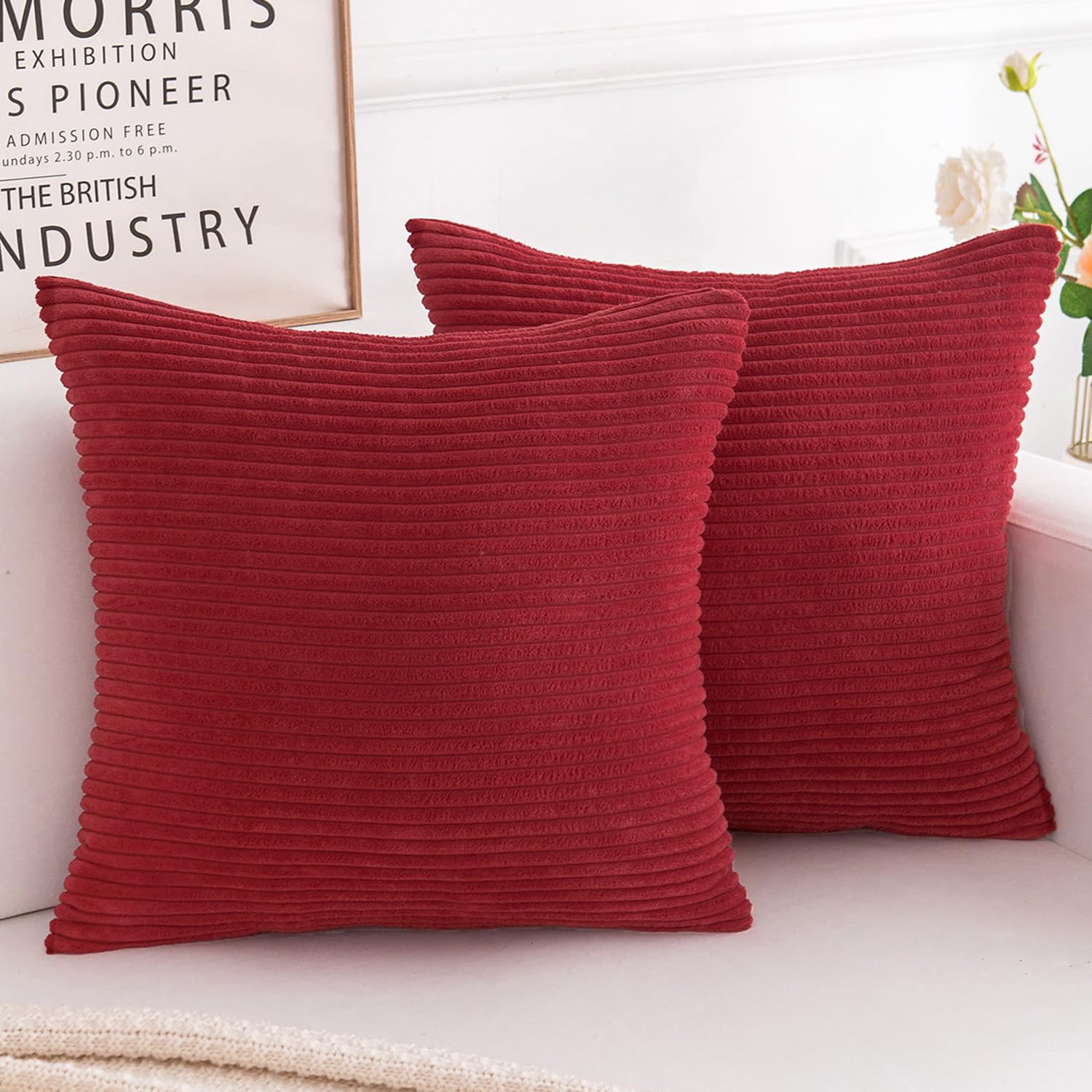 Yonous Red Corduroy Cushion Covers, Soft Square Decorative Throw Pillow Home Decor For Living Room Couch Bed Sofa, Set Of 2 Pack, 45X45 Cm / 18X18 Inch