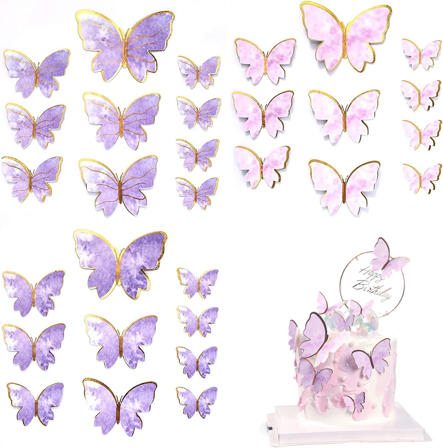 Butterfly Cake Decorations, 60Pcs Butterfly Cake Toppers (5 Size), Butterfly Cupcake Toppers Picks for Birthday Party Baby Shower Wedding Party Wall Decoration (Pink&Purple)