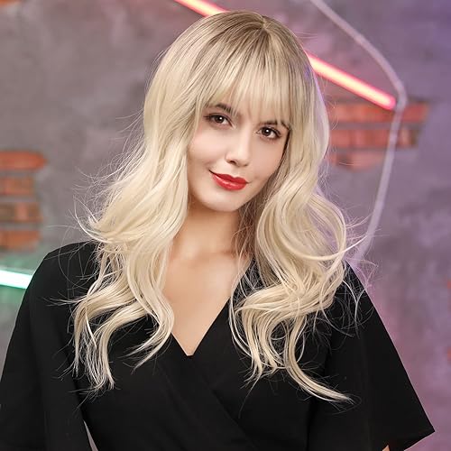 Miniatura 41 de HAIRCUBE Peluca rubia ombré, peluca larga y rizada con flequillo, aspecto natural, peluca sintética resistente al calor Rubio ceniza,Rubio