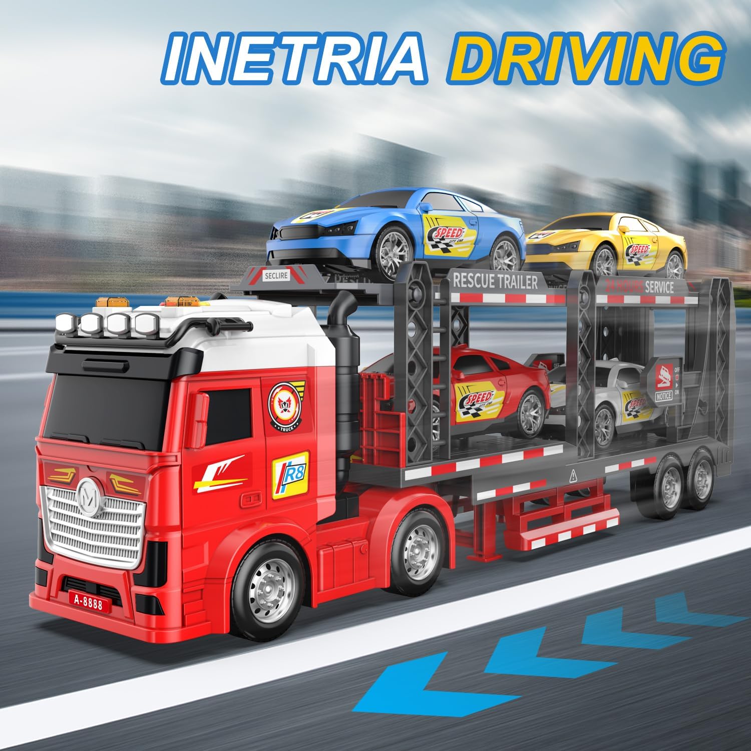 DOWELLIN Carrier Truck Race Car Toys for 3 4 5 6 7 Years Kids, 21.5" Friction Powered Double Layer Semi Transport Truck Toy with 4 Racing Cars, Light&Sound Vehical Toys, Xmas Gift for Boy Girl-Red