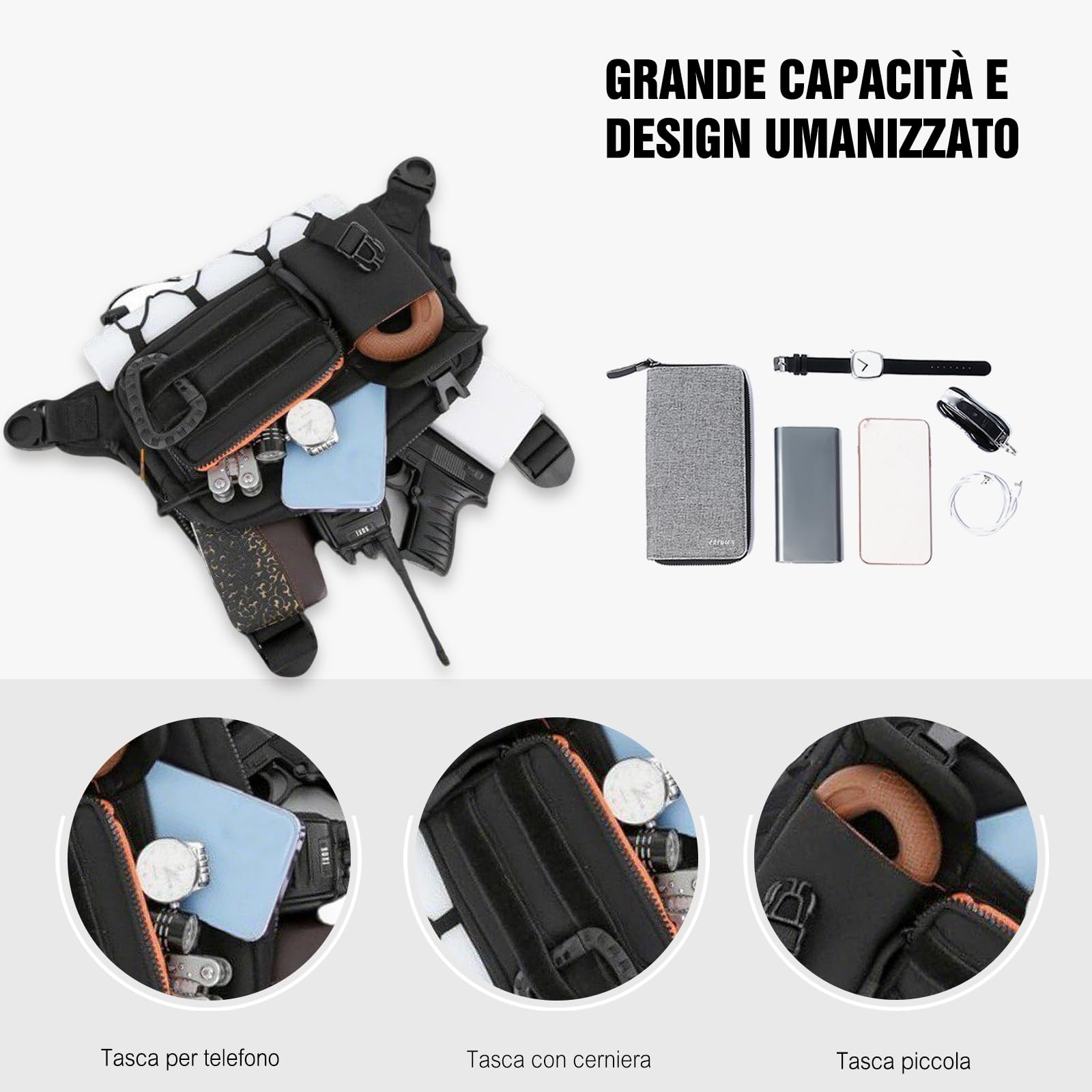 FANDARE Borsa Gilet Da Corsa Anteriore Antifurto Zaino Monospalla Borsa a Tracolla da Ascella per Uomo Donna Borsello Doppia Borsa a Spalla per Trekking Ciclismo Viaggio Moto EDC Zainetto