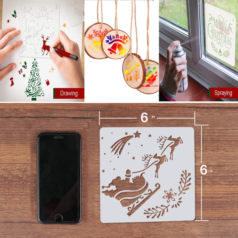 24 Pcs Christmas Stencils, 6x6 in Christmas Painting Stencil Craft for Art Drawing, Wood, Window, Glass Door, Car Body, Greeting Cards, Albums,Scrapbook, Notebook, Journal, Wall, Face Cookie Decor 1
