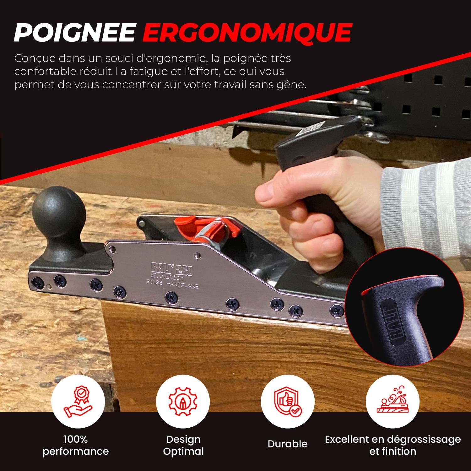 RALI 260 EVOLUTION N: Rabot à main Sans Affutage avec 4 Lames Réversibles et 3 Réglages rapides: Profondeur de coupe, contrefer et lumière | Rabot bois professionnel Suisse pour Menuisier