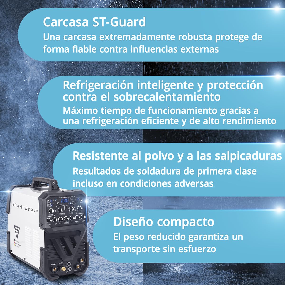 STAHLWERK Soldadora Mini FLUX 120 ST Digital – Equipo completo con carro – Máquina de soldar con hilo hueco (FLUX) sin gas hasta 120 A, avance de hilo sinérgico, LED, función Lift-TIG & MMA/Electrodo
