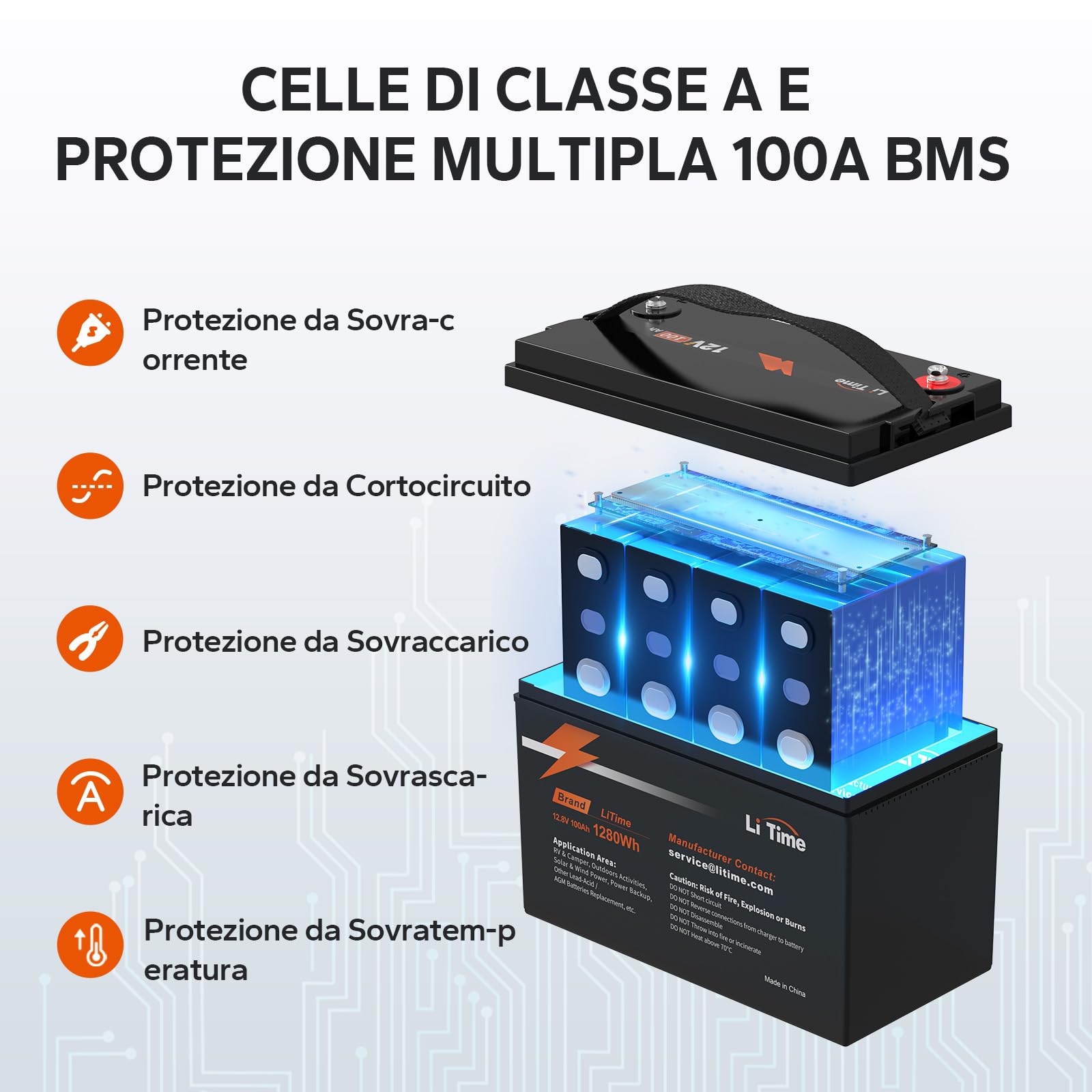 LiTime Batteria Litio 12V 100Ah, Batteria 100Ah 12V con BMS Da 100A Fino a 15000 Cicli e 10 Anni Di Durata, Batteria Lifepo4 12V 100Ah Per Caravan Alimentazione Di Riserva Barche Trolling Motors