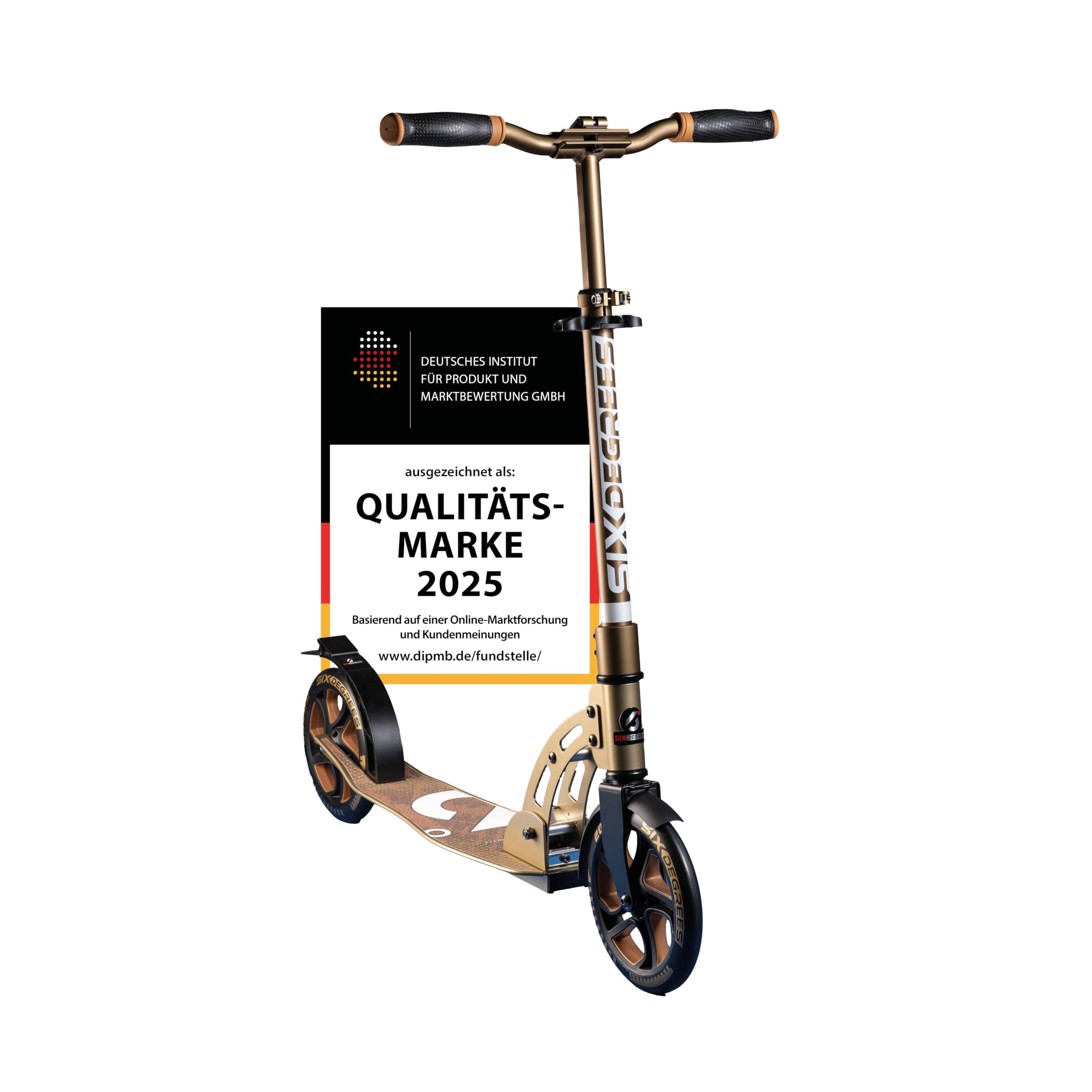 Six Degrees Aluminium Scooter mit Klappmechanismus u. Ständer, 205 mm, höhenverstellbar. GS-geprüft golden Dusk, TESTSIEGER