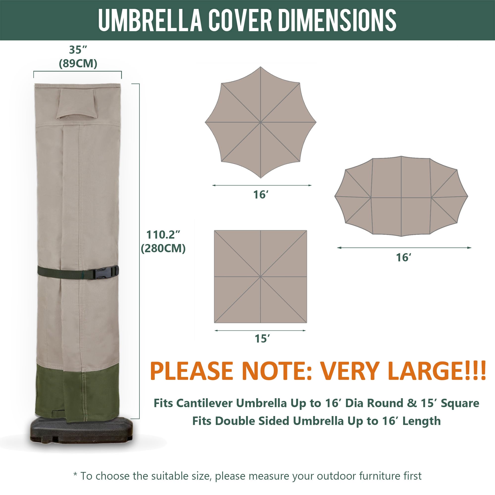 Rachmi Housse de parasol en porte-à-faux pour parasol d'extérieur de 4 à 5,8 m, résistante aux UV 600D, extra large, pour parasol déporté triple ou double face avec fermetures éclair et tringle, vert