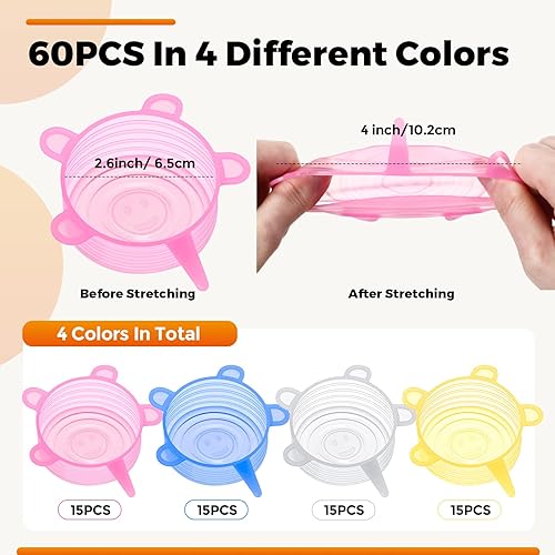 Miniatura 2 de Nuogo 60 tapas elásticas de silicona de 2.6 a 3.3 pulgadas, reutilizables, para microondas, fundas de silicona para tazones, 4 colores