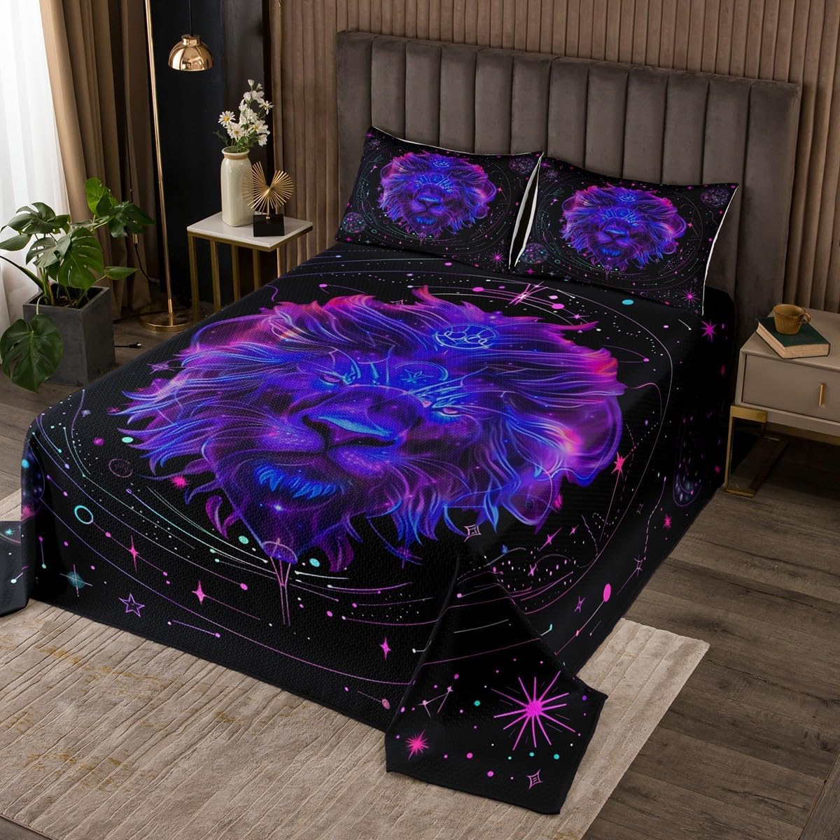 12 Constellations Quilt Set for Kids Teens,Leo Bedspread Coverlet,Purple Pink Star Moon Bed Cover Universe Galaxy Bedding Set Decorative Quilted 2 Piece Coverlet Set with 1 Pillow Sham,Twin Size