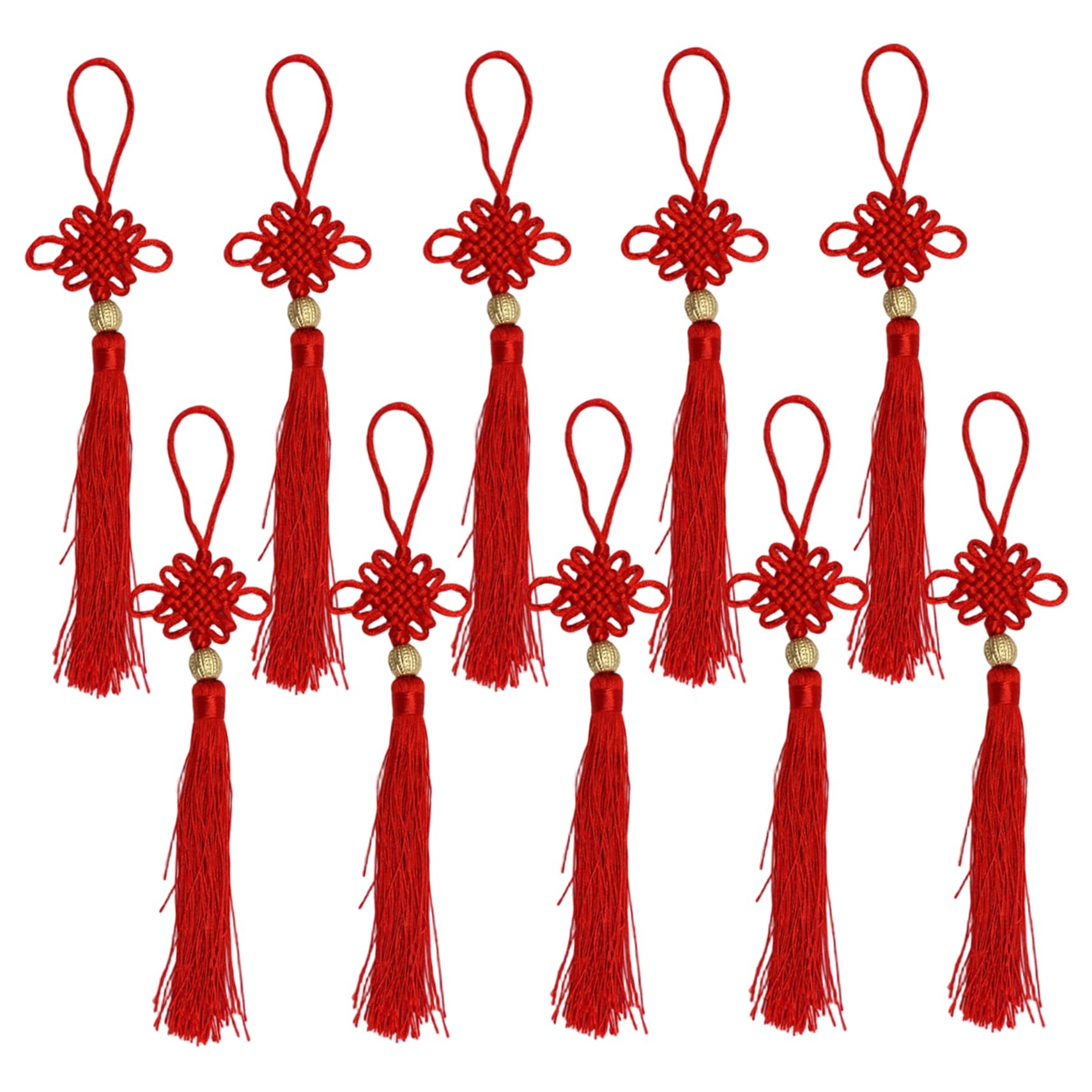 Tsawntd 10Pcs Chinese Knot Tassel 9in Vivid Fiber Red Tassels with Gold Ball Oriental Hanging Chinese Knot Symbol of Good Luck and Prosperity Red Tassels Norigae Decor
