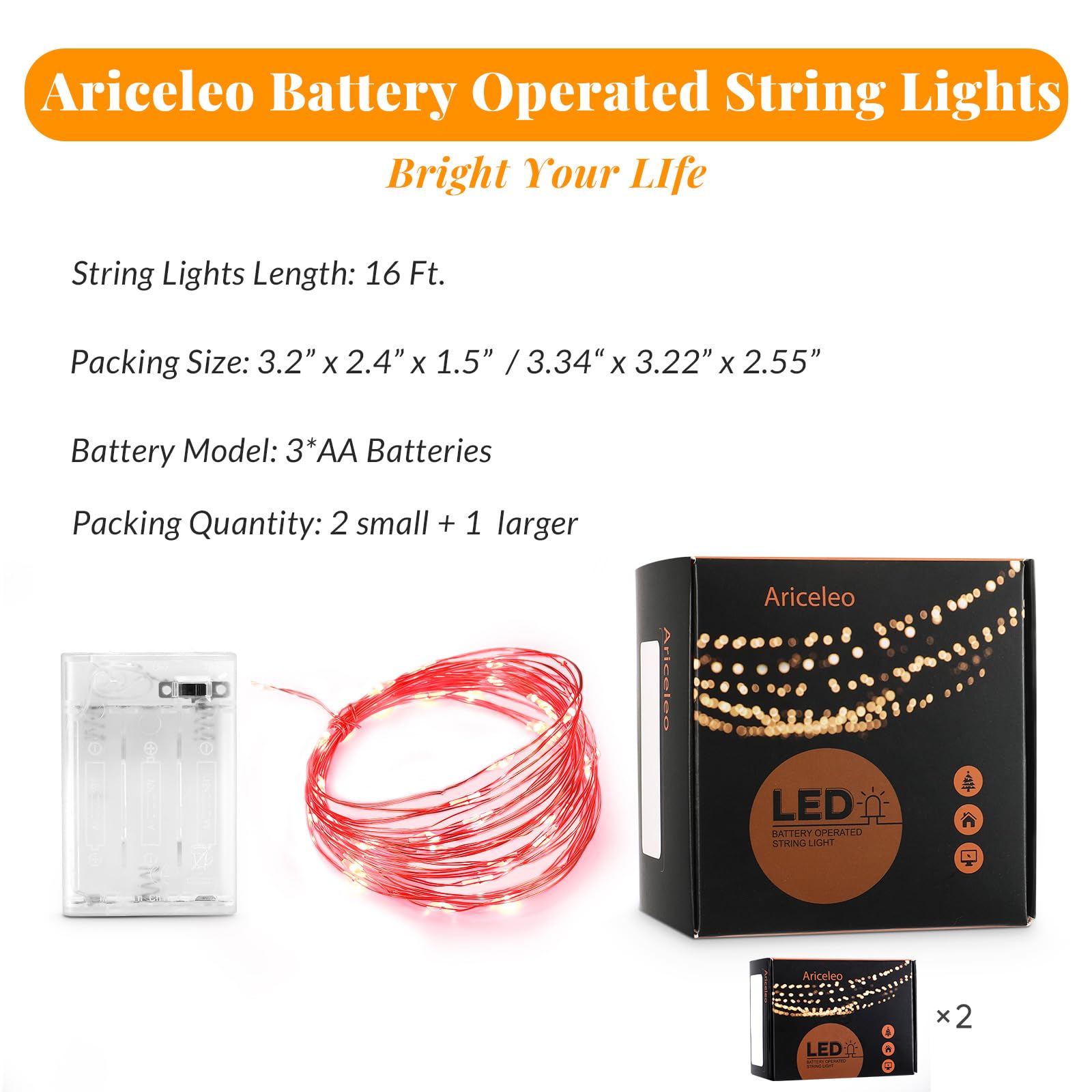 Ariceleo Led Fairy Lights Battery Operated, 1 Pack Mini Battery Powered Copper Wire Starry Fairy Lights for Bedroom, Christmas, Parties, Wedding, Centerpiece, Decoration (5m/16ft Multi-Colored): 2 Pack Red