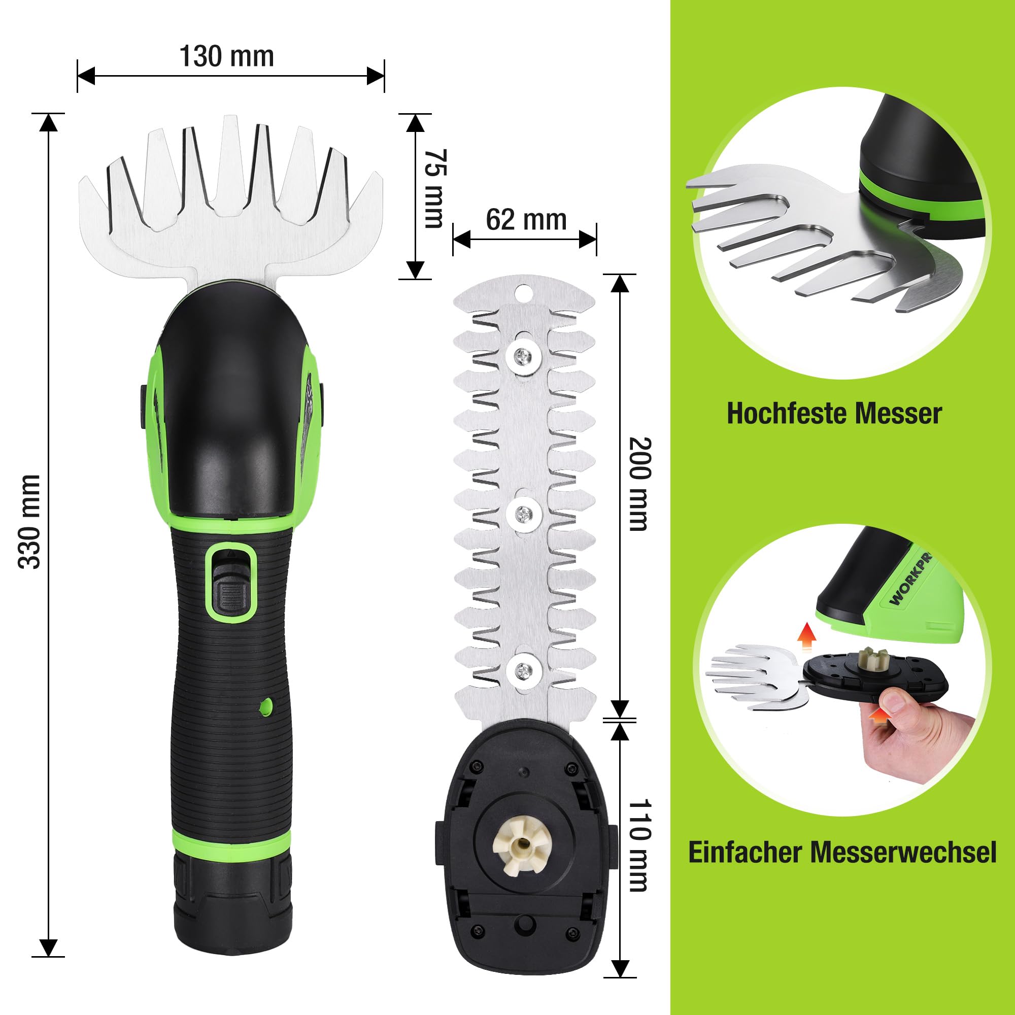 WORKPRO Gartenschere Akku 12V, 2 in 1 Gras- & Strauchschere mit 2 Messern | Schnittbreite 125 mm, Schnittlänge 160 mm, 2000 mAh Akku, Heckenschere Elektrisch für Rasenkanten, Strauchschnitt