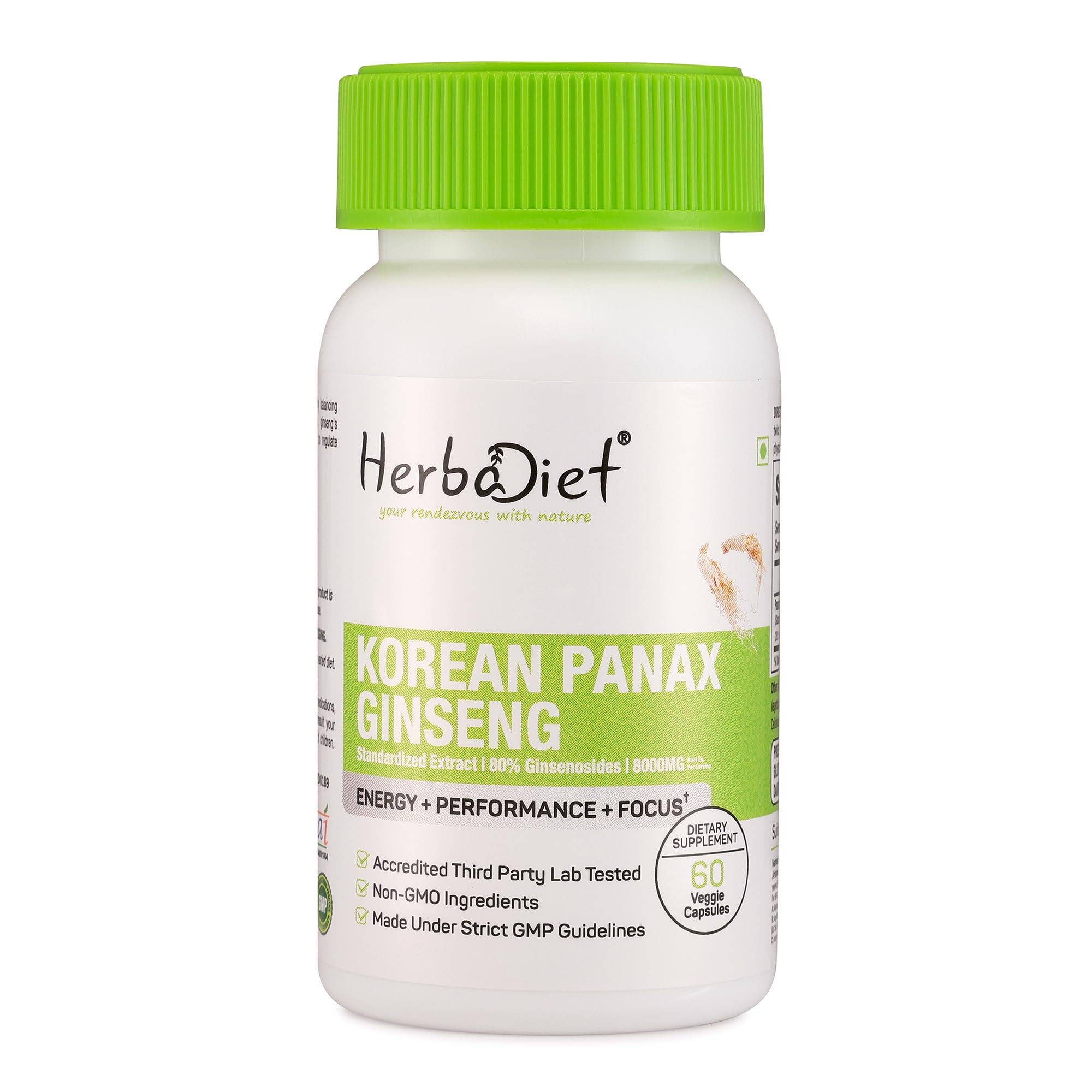 Korean Panax Red Ginseng Extract 60 Capsules|Extra Potent 80% Ginsenosides|Supports Energy,Endurance&Vitality