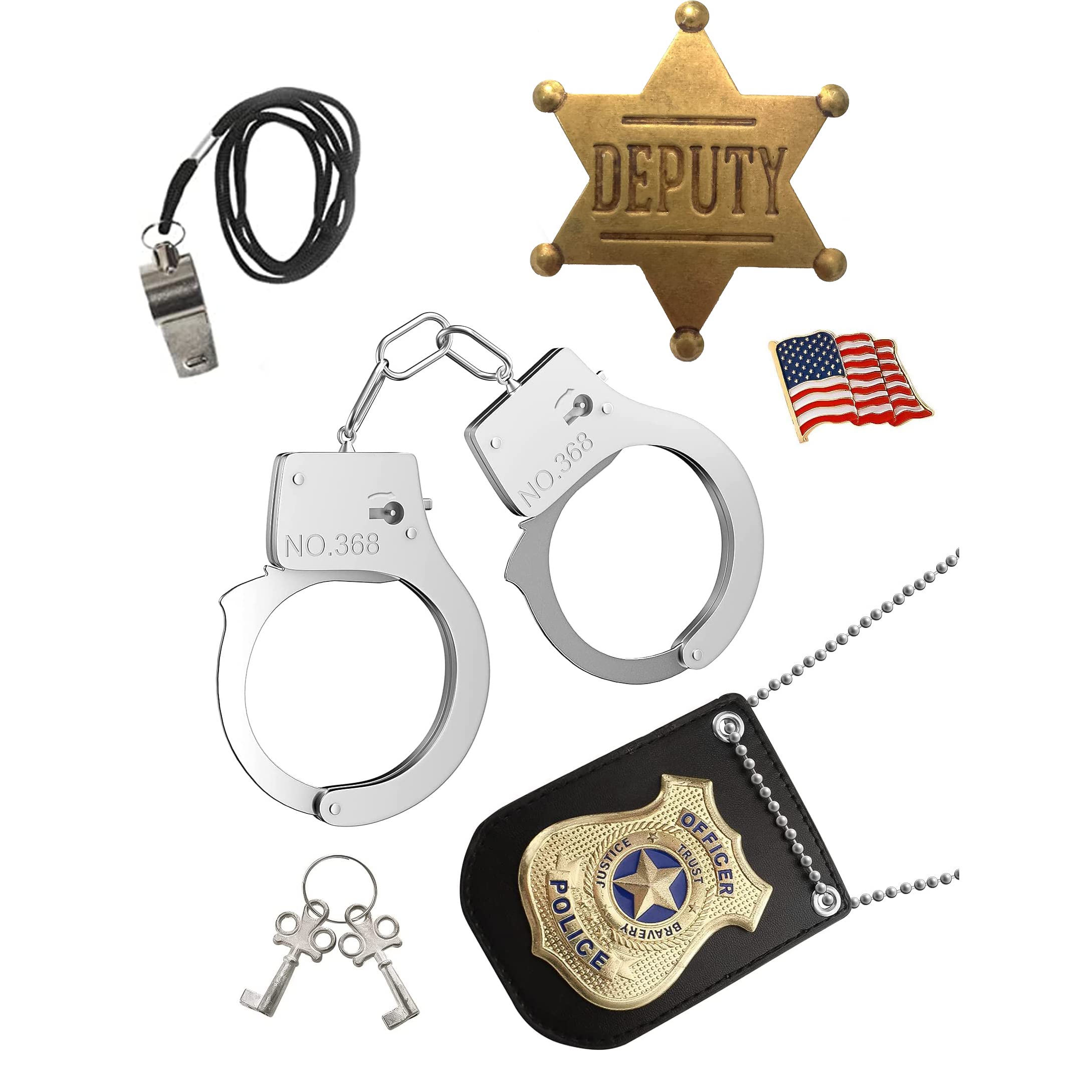 Finduat Police Badge Police Pretend Play Toy Set for Metal Handcuffs with Key American Flag Waving Lapel Pins Whistle Halloween NYPD Police Deputy Badge Dress Up Pretend Play Accessory Black