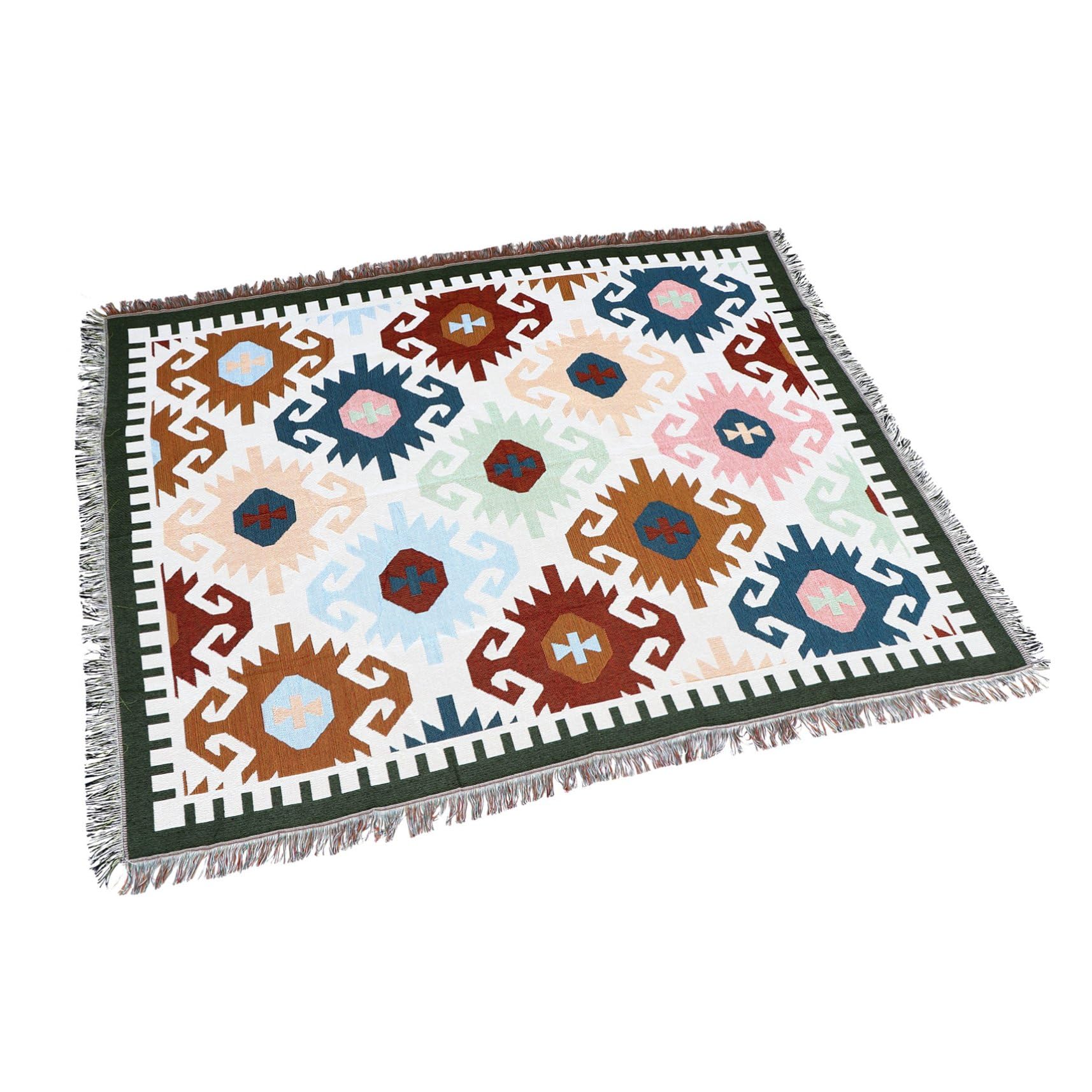 Plaid canapé coton vintage géométrique clair double face avec franges