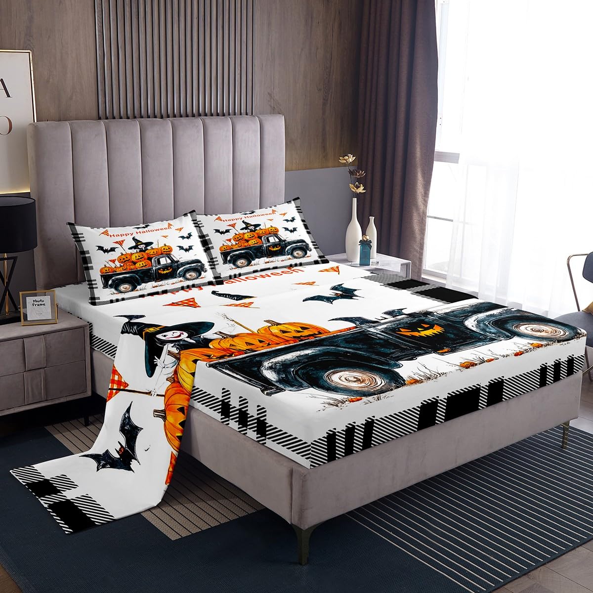 Homemissing Halloween Bed Sheets Set Double Size Pumpkin Bedding Set for Kids Boys Girls Bats Sheets with Deep Pocket Fitted Sheet Shaman Bedding Set