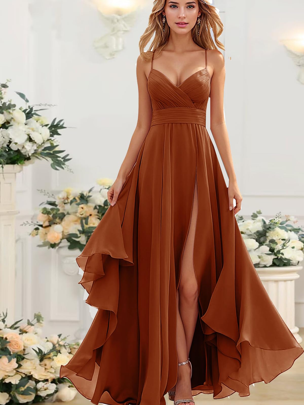 Brautjungfernkleider Spaghetti-Träger - Chiffon Kleider für Hochzeitsgäste Damen Lange Abendkleider mit Schlitz