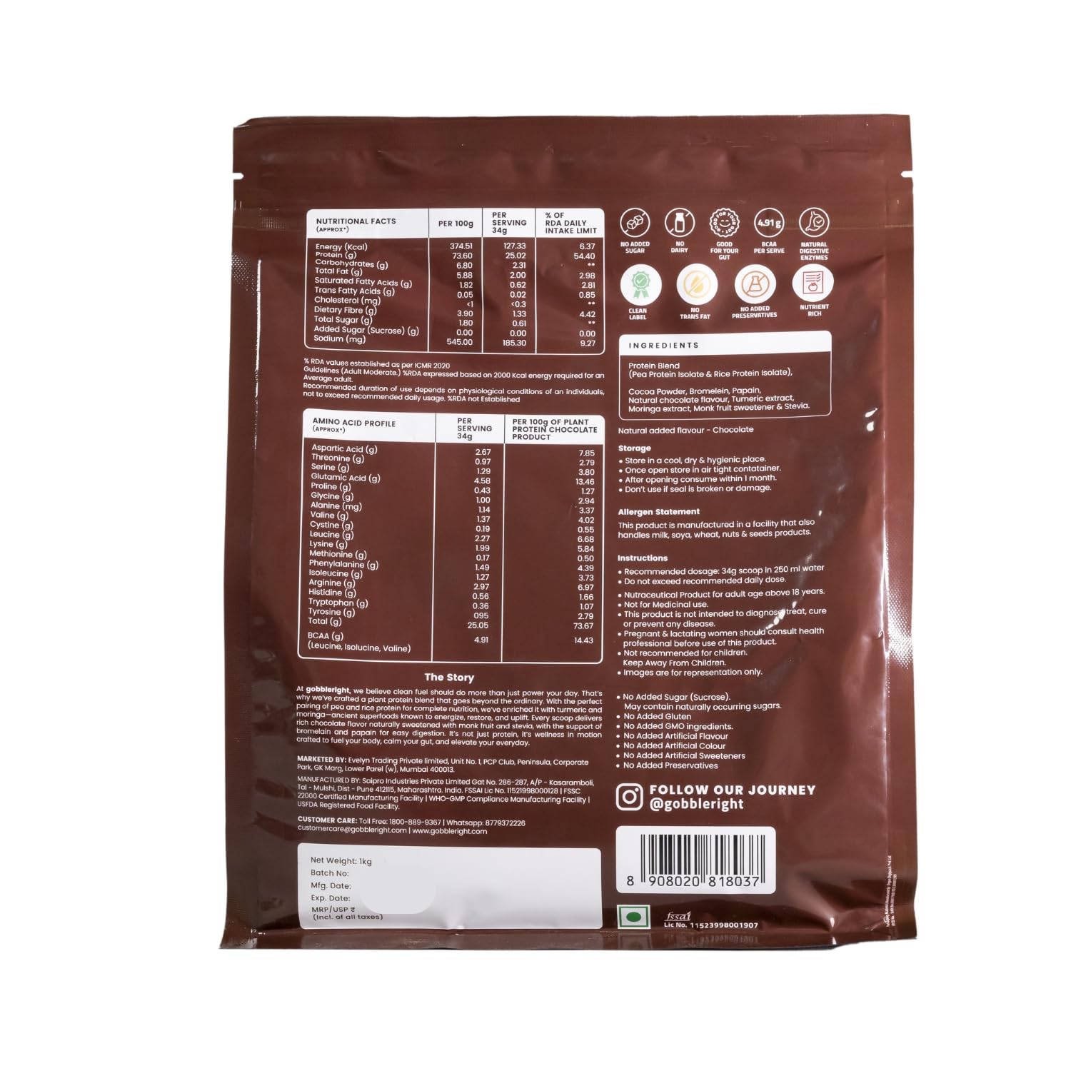 GOBBLERIGHT Plant Protein Powder Chocolate (1kg)-28.5g Protein & 4.91g BCAA Per Serve|Isolate & Concentrate Pea Rice Powder with Turmeric & Moringa Extracts|No Added Sugar|Gut Friendly — Amazon image 9