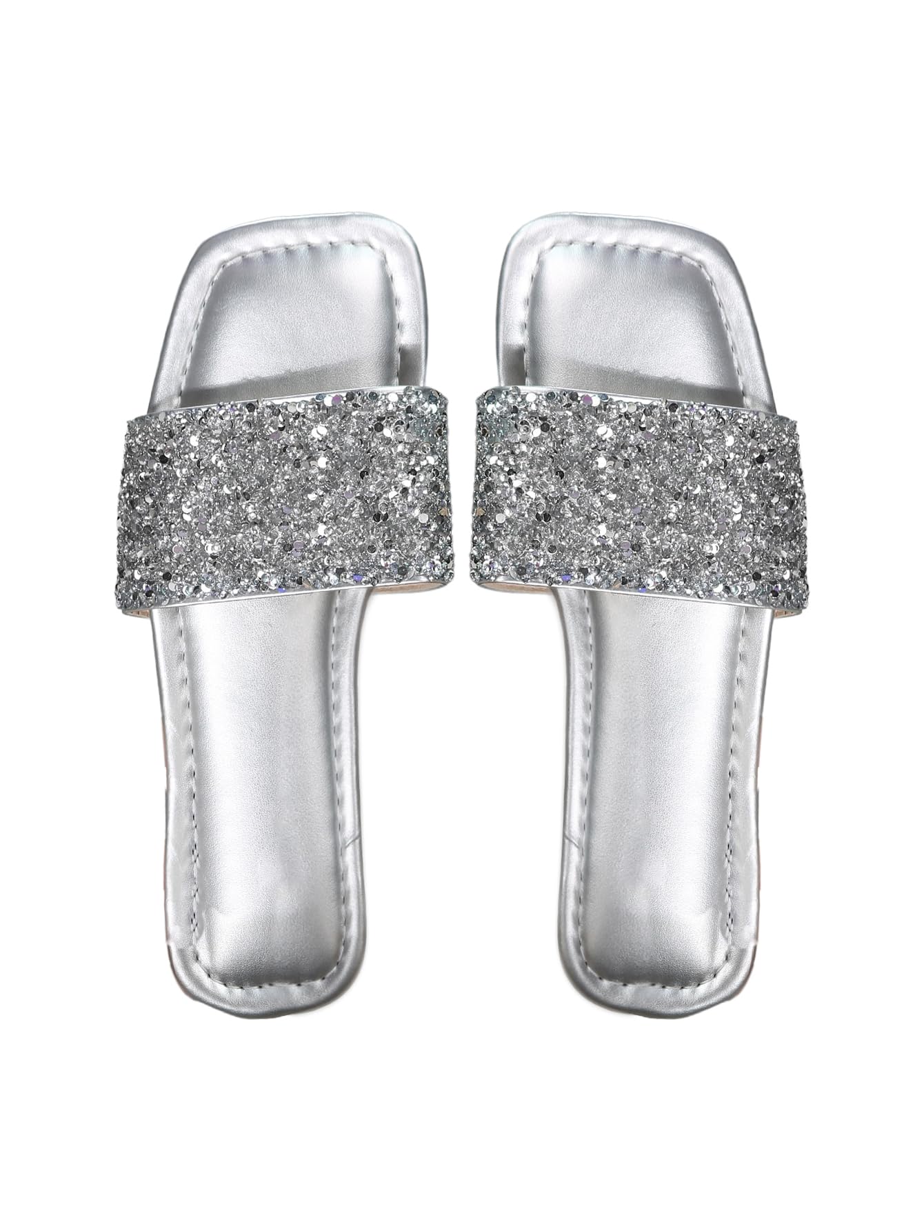 Women's Sparkly Rhinestone Flat Sandals Summer Vacation Beach Square Toe Glitter Strappy Wedding Shoes Slide Sandals