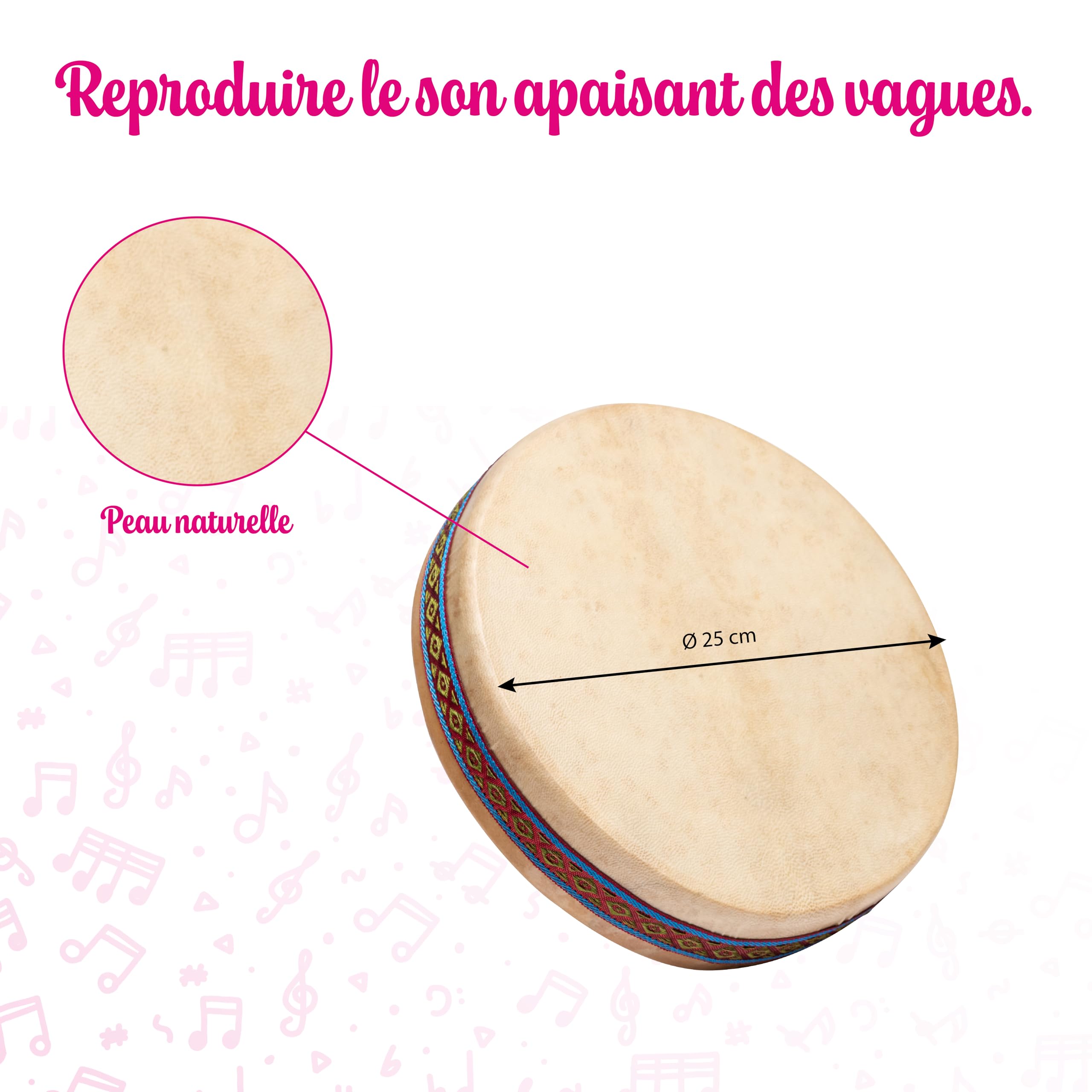 Fuzeau – 9451 – Ocean Drum Ø 40 cm – Imite Son De La Mer – Relaxation, Détente, Musicothérapie – Ambiance Nature, Vagues Sonores – Apprentissage Ludique Dès 5 Ans – Peau Naturelle, Bois - Réf. 9451
