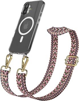 EAZY CASE Mobile Phone Chain - Adjustable Pocket Strap Compatible with iPhone 17 Shoulder Strap Mobile Phone Cord with Silicone Case Qi Charging Compatible Shoulder Bag Berry Pink Gold