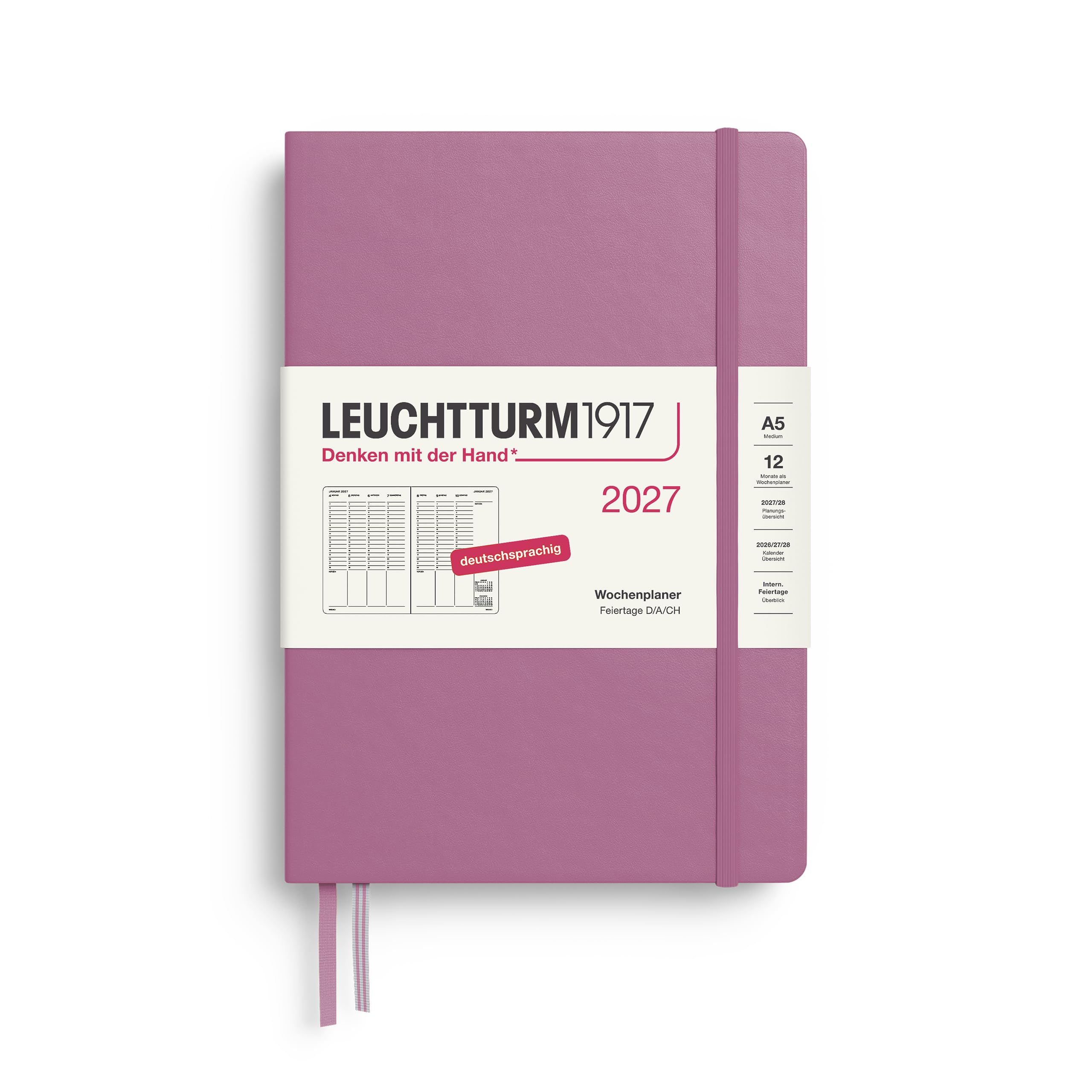 LEUCHTTURM1917 Weekly Planner 2027 Medium (A5) โ German, Dusty Rose, 210 x 145 mm, January-December (12 months), weekly layout with hourly division 7:00-22:00 per column, hard cover