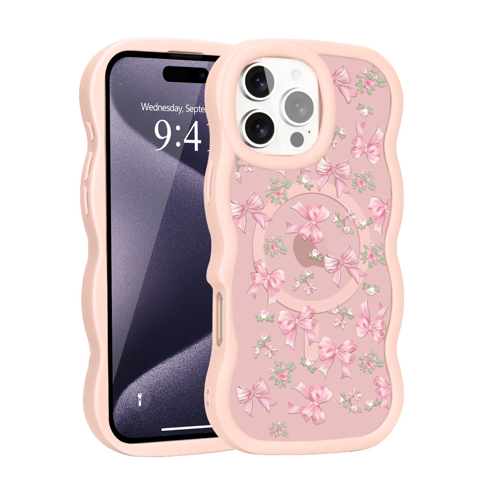 Teageo for iPhone 15 Pro Max Case Compatible with magsafe for Women Girls Cute Curly Wavy Frame Love Heart Camera Protection Shockproof Wave Phone