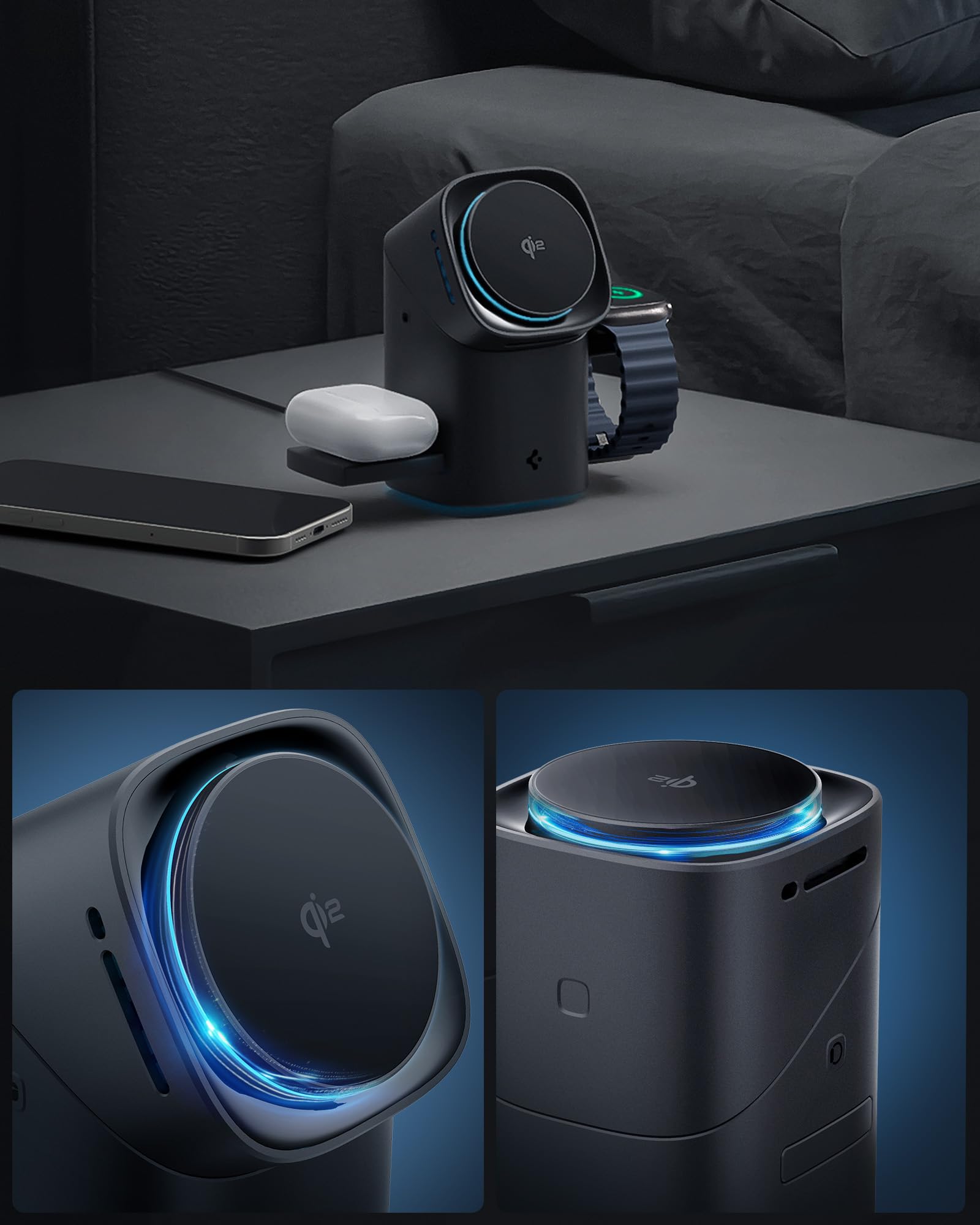 Spigen Essential MagFit Qi2 Caricatore Wireless 3-in-1 15W, Stazione di Ricarica Magnetica con Rotazione Touch per iPhone 17/16/15/14 Pro Max 17e Samsung Galaxy S26 Ultra Plus, AirPods e Apple Watch