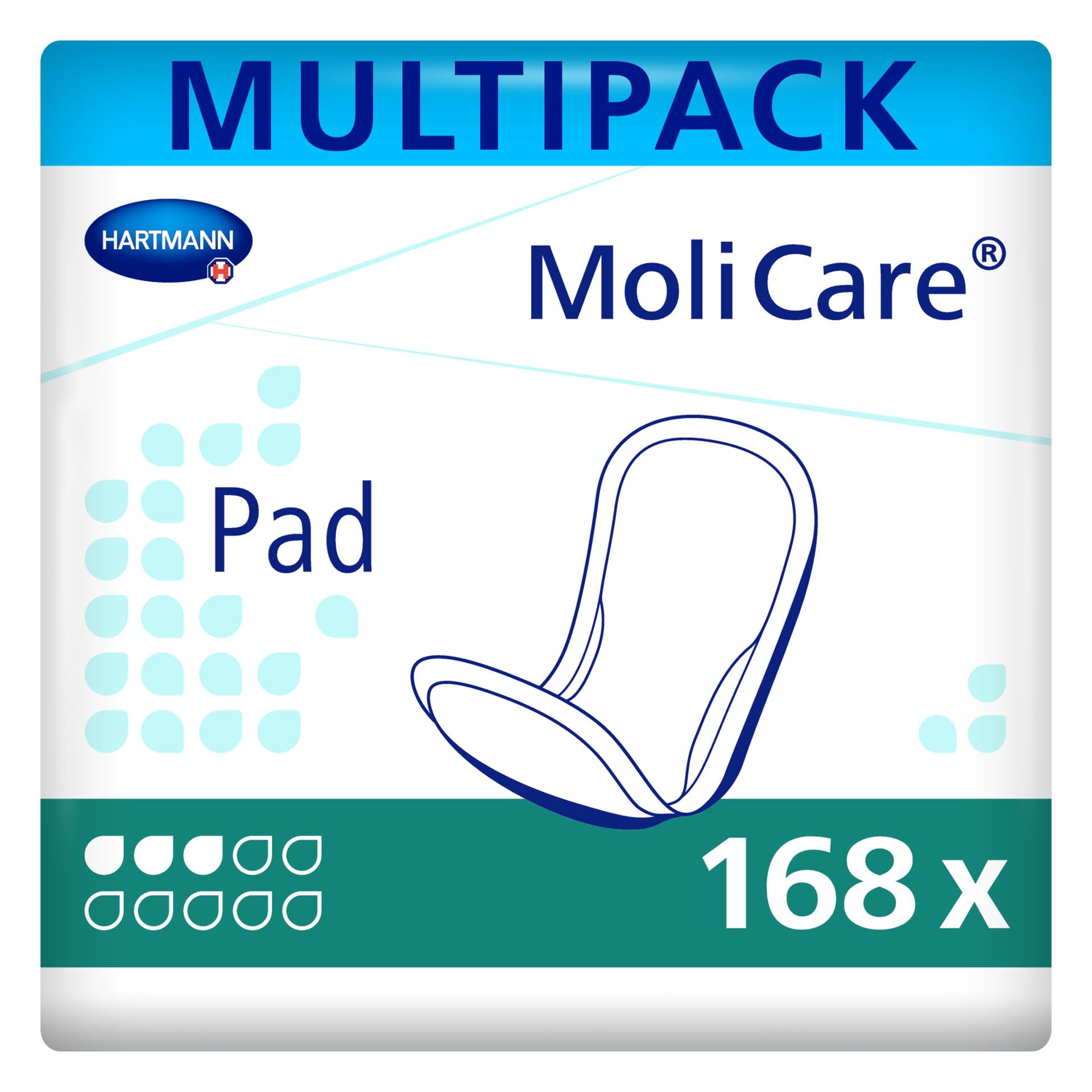 MolicarePad, Incontinence Pad for Women and Men with Bladder Weakness, 3 Drops, 6 Packs of 28 (168 Pieces)