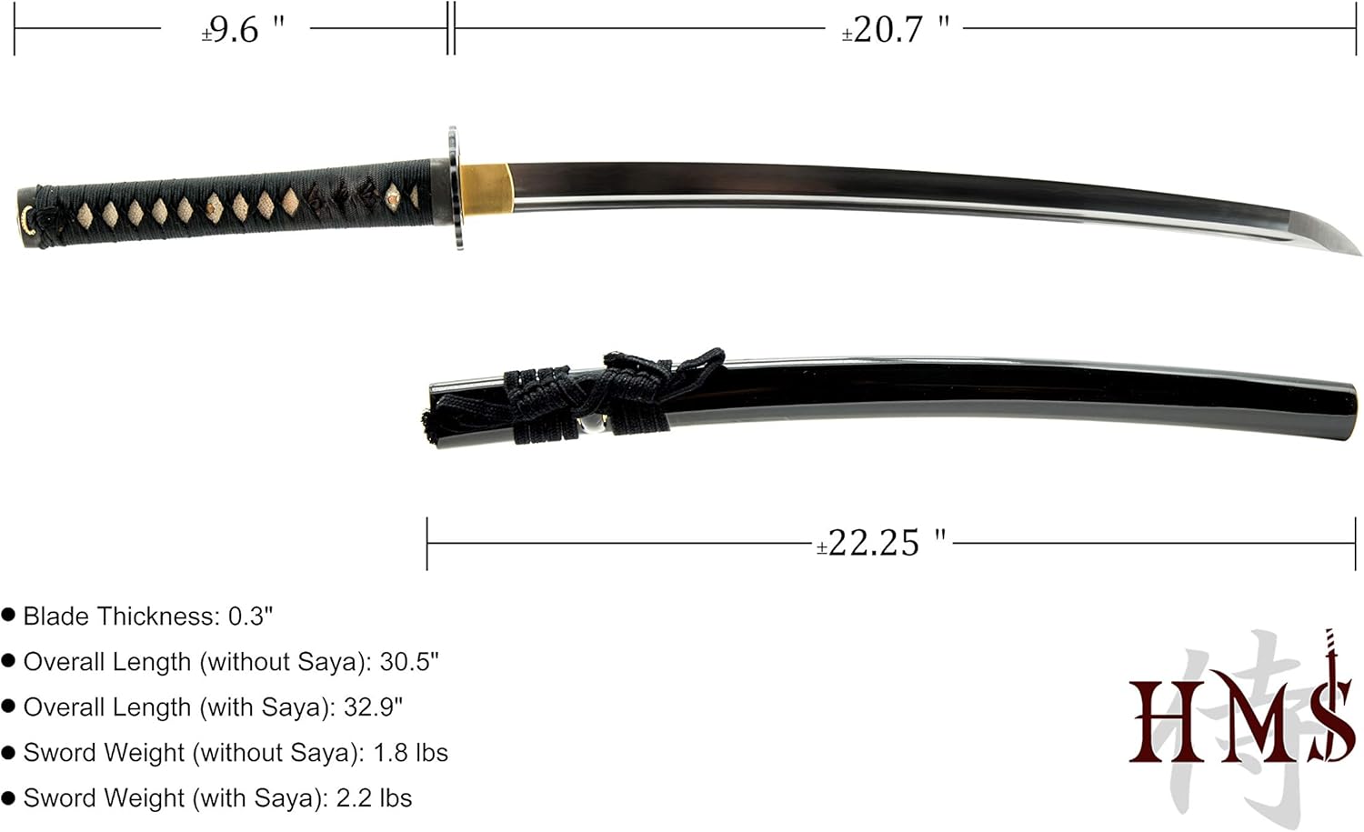 HMS Samurai Wakizashi Sword, Functional, Hand Forged, 1045 Carbon Steel, Heat Tempered, Full Tang, Sharp, Warrior Tsuba, Black Wooden Scabbard
