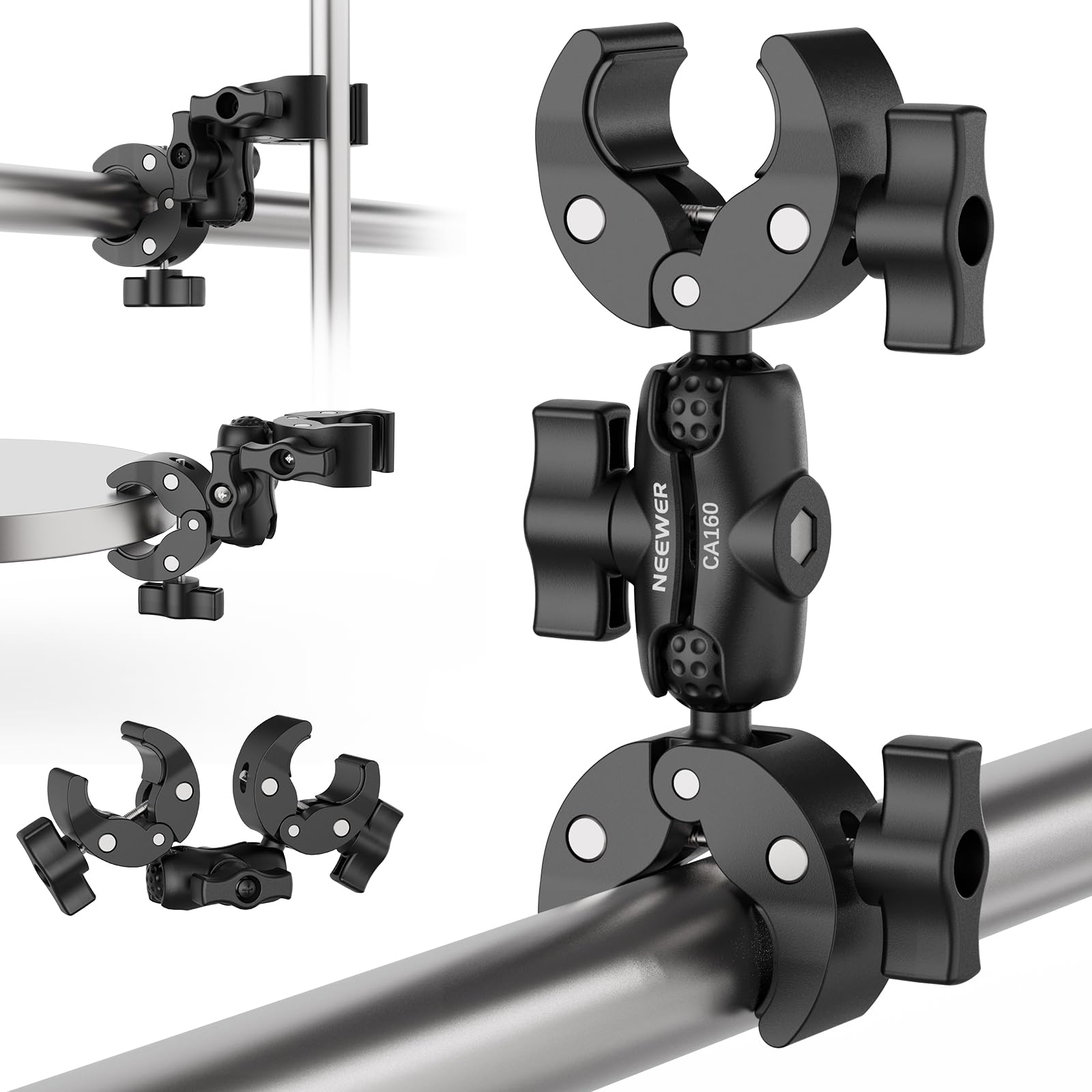 NEEWER Doppio Super Clamp con Magic Arm, Supporto a Morsetto per Palo Ombrello Bandiera a 360° per Scrivania Studio Fotografico Stativo Riflettore Scrim Traversa Manubrio Moto Passeggino Sedia, CA160