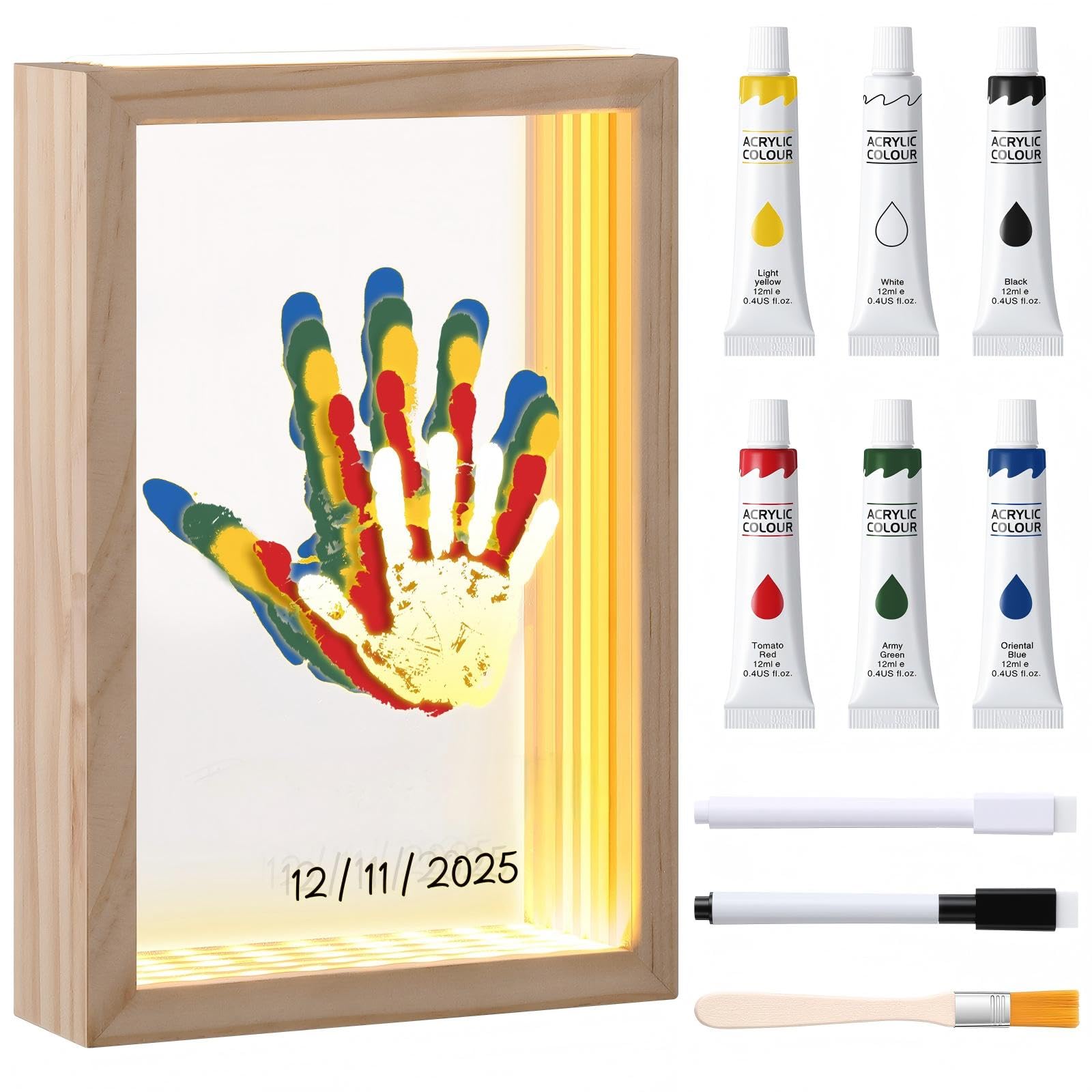 Marco LED para Huellas de Manos y Pies de la Familia 5 Láminas Acrílico 6 Colores Marco de Madera Artesanal Recuerdos Regalos para el Día Madre Día del Padre Navidad y Actividades Familiares