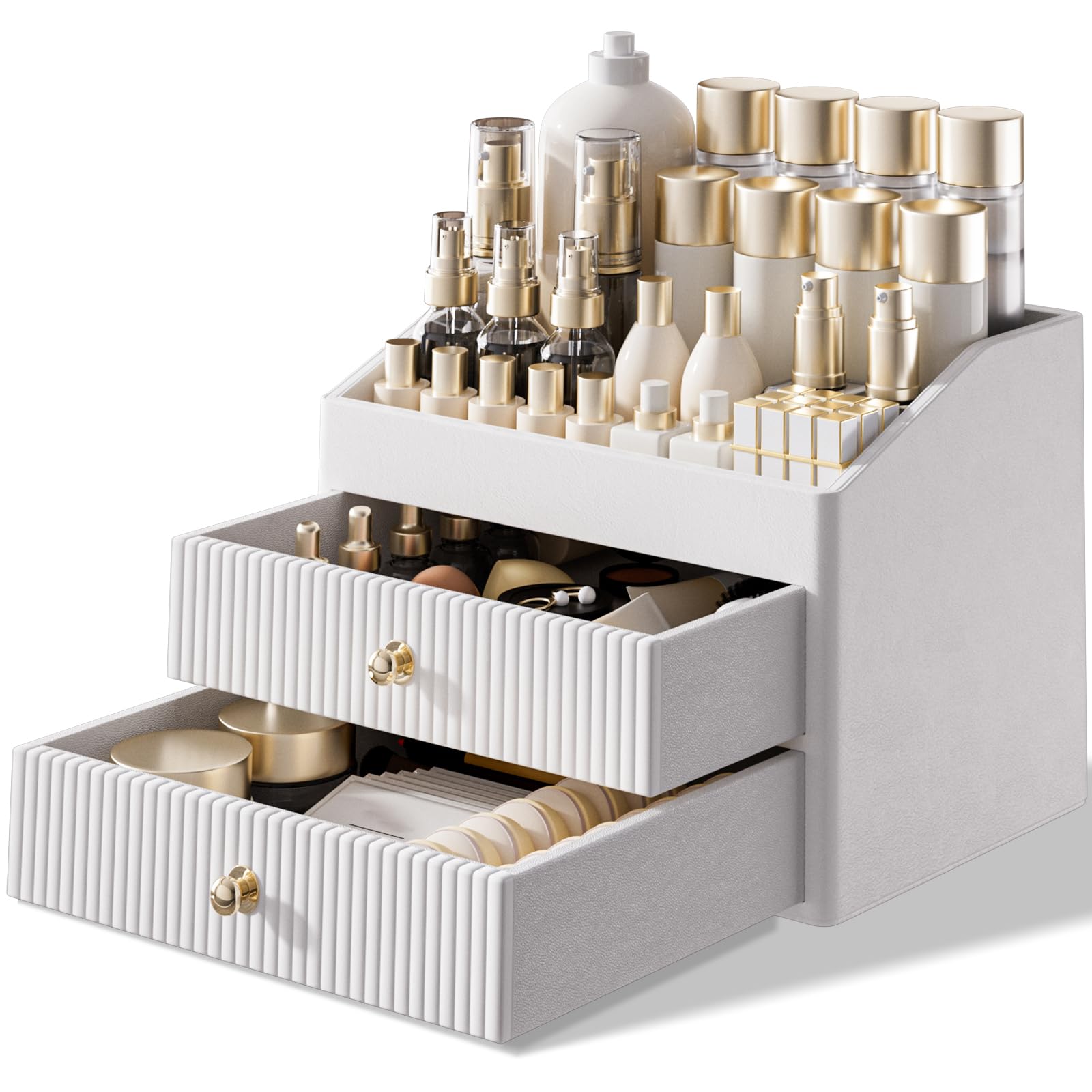 LADSTAG Makeup Organizer Countertop Leather Makeup Storage with 2 Drawers Large Capacity Beige White Make up Organizers for