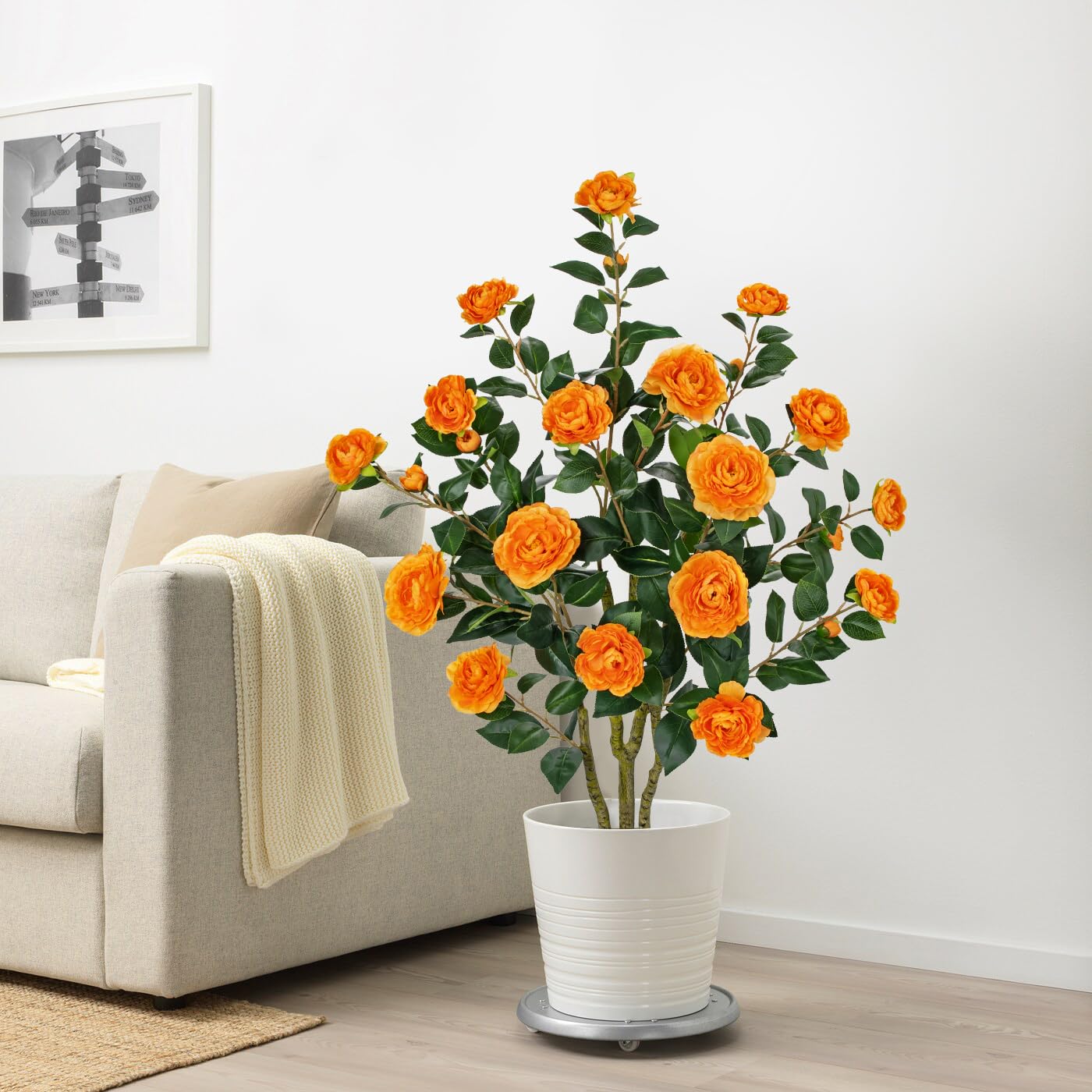 Árbol de camelia artificial de 90 cm, árbol de arte con flores, árbol de camelia artificial naranja, árbol decorativo, plantas artificiales como de verdad en maceta, decoración de primavera