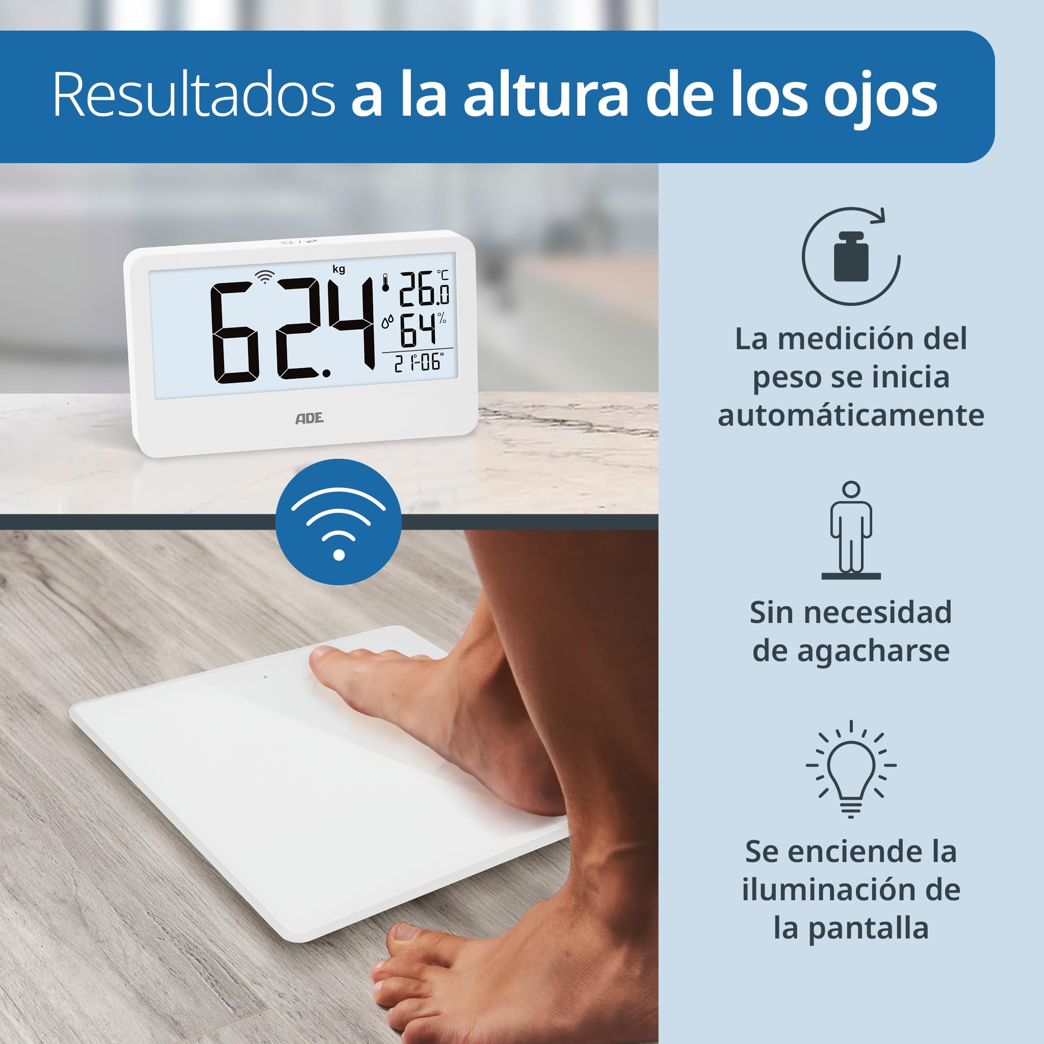 ADE Báscula digital con pantalla externa, báscula para personas de hasta 180 kg, peso legible a la altura de los ojos, báscula para personas mayores, con reloj de baño, higrómetro, termómetro interior