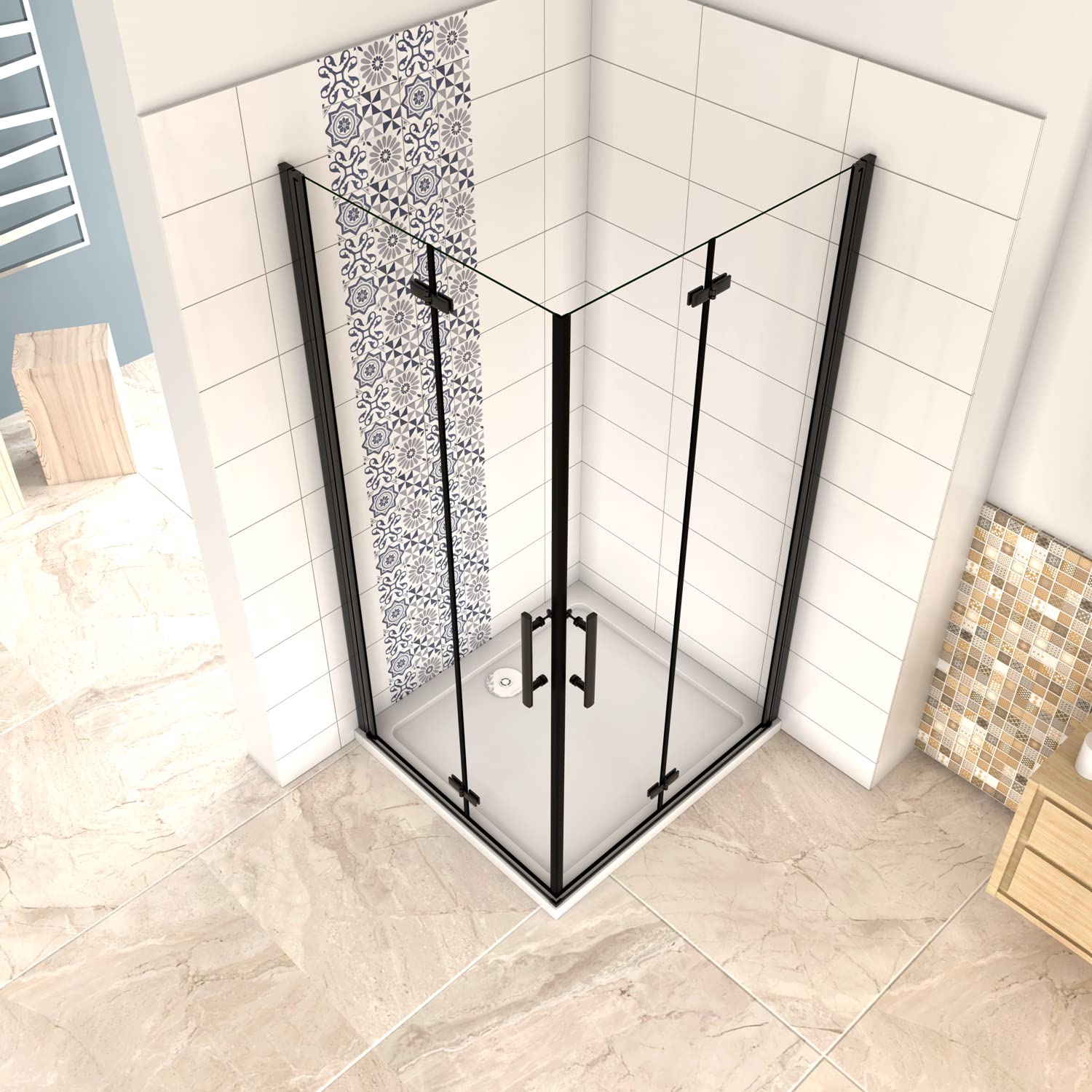190cm Box Doccia Angolare Doppia Porta Battente Pieghevole 120x80cm in Vetro Temperato Trasparente 5 mm Anticalcare Telaio Nero Opaco