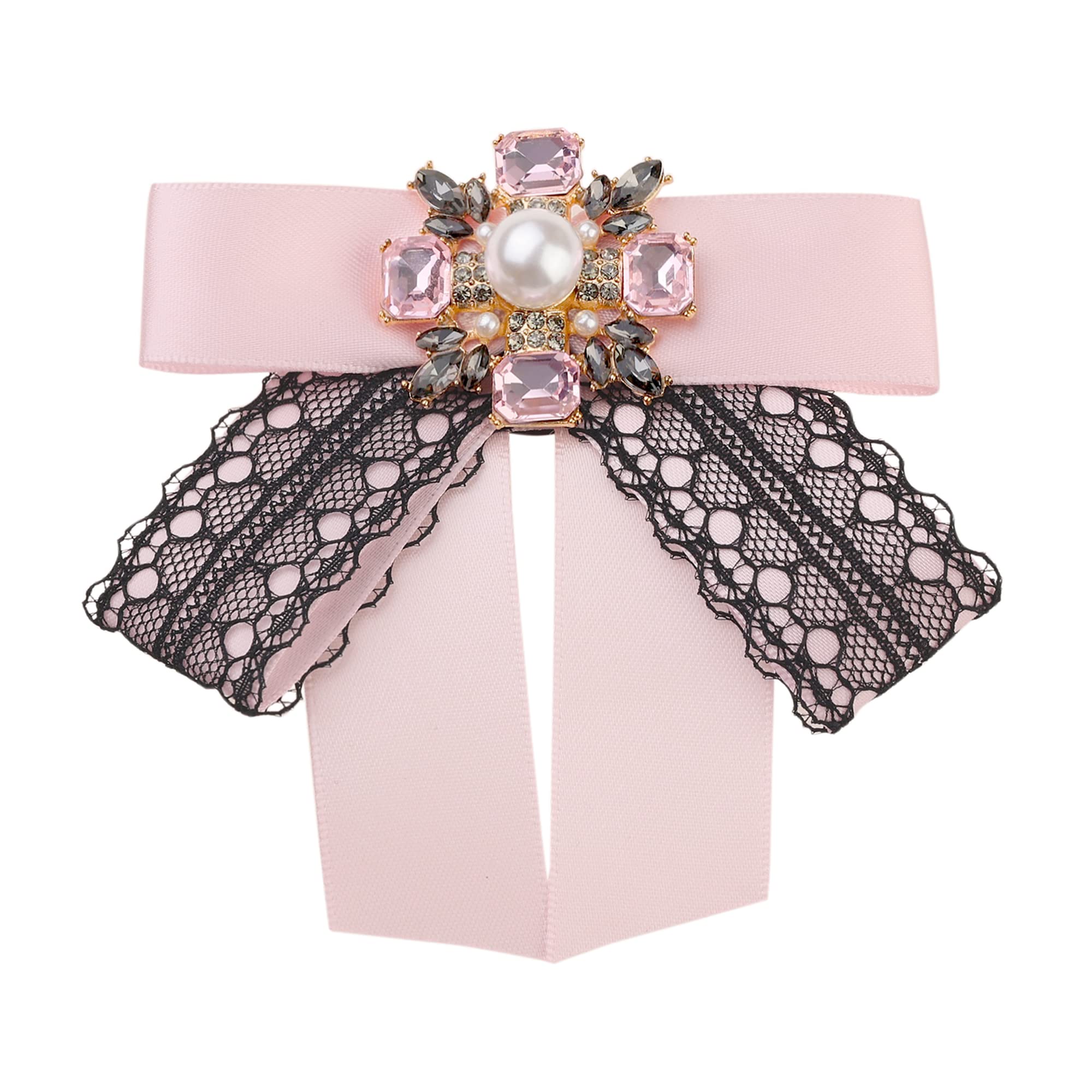 Elerevyo Women's Pink Satin Bow Brooches Ribbon Lace Trim Rhinestone Brooch Ties One Size