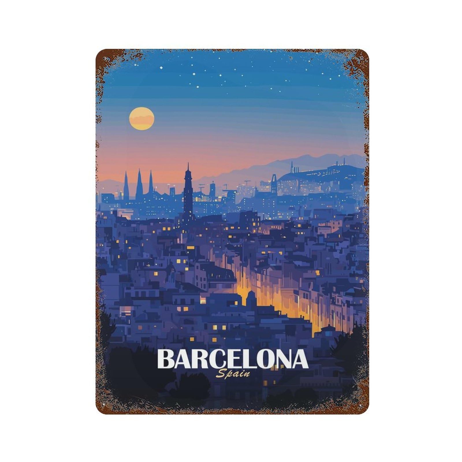 Barcelona, Spain at Night Rust Effect Tin Sign 15.7"x11.8", Old School Wall Decor for Farmhouse, Kitchen And Entryway Decor