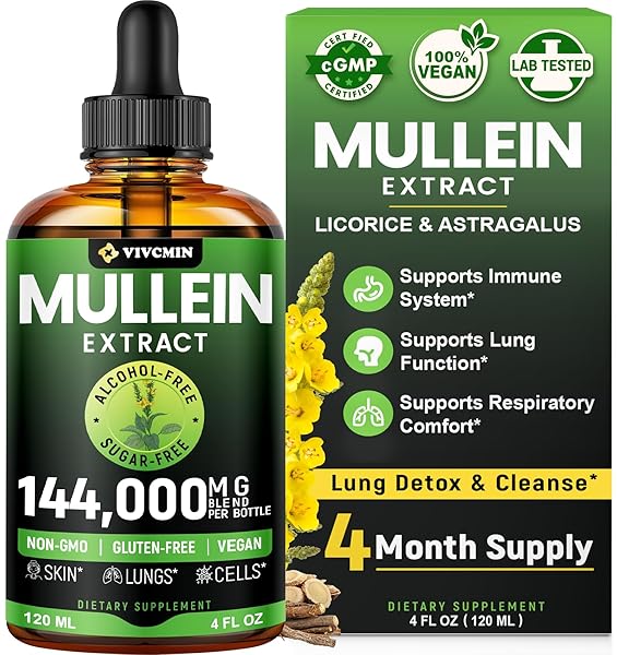 vivcmin Mullein Drops for Lungs with Licorice & Astragalus, Respiratory & Immune Support, Lung Detox for Smokers Tincture, Mullein Leaf Extract for Lung Cleanse, Sugar & Alcohol-Free, 4 fl oz